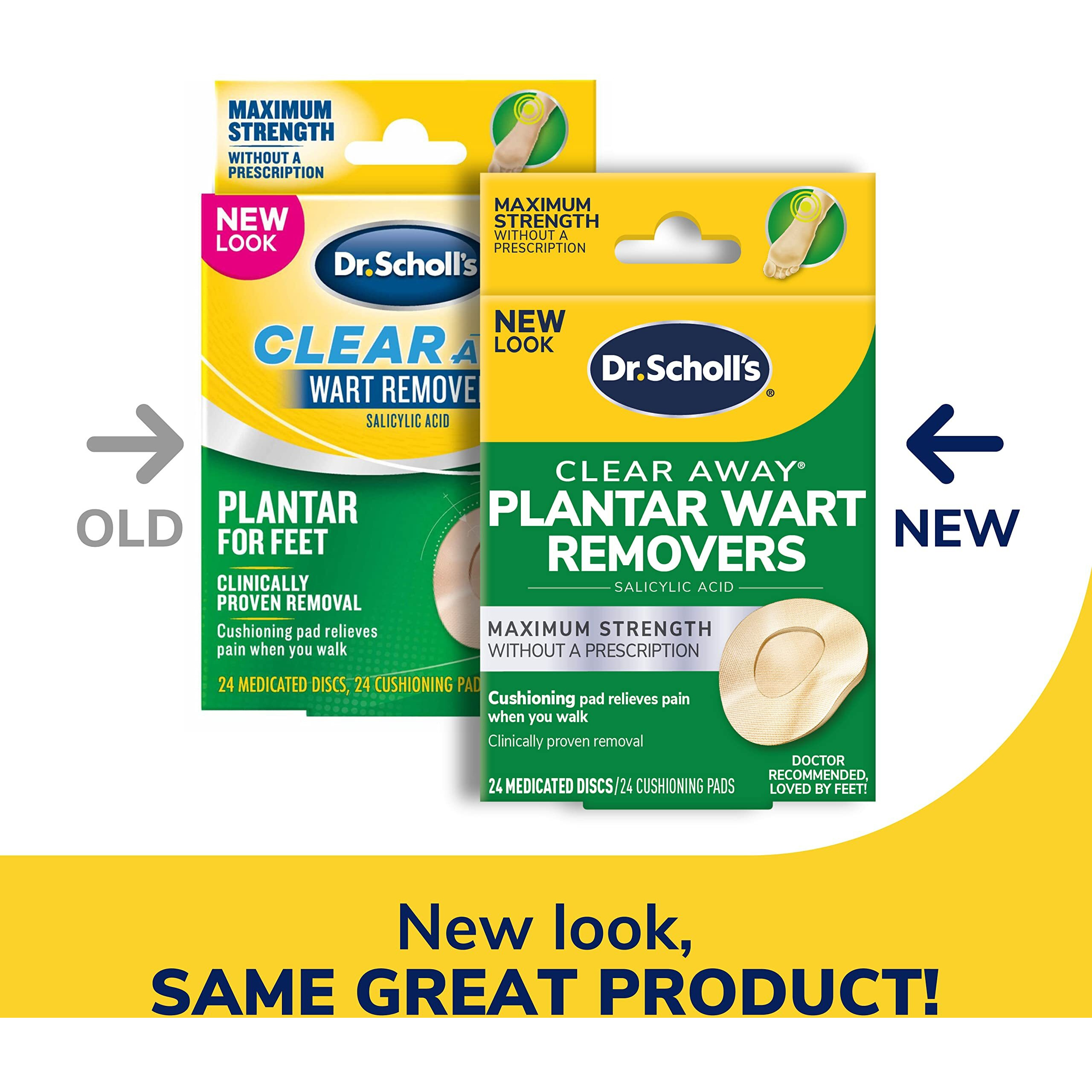 Dr Scholl's Clear Away Plantar WART Remover // 24 Discs/24 Cushions, Clinically Proven, Maximum Strength Without a Prescription, Cushioning Pad Relieves Pain, 24 Treatments