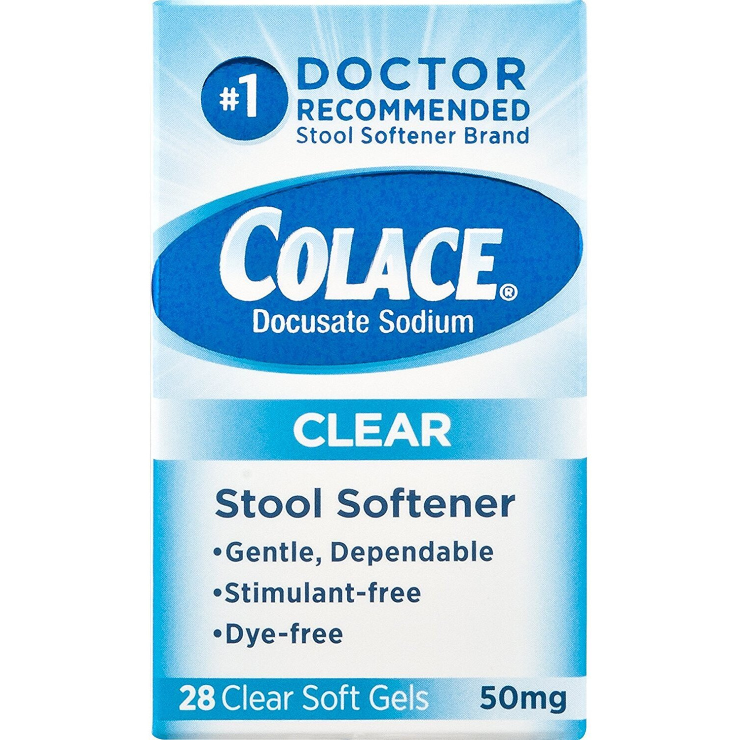 Colace Clear Stool Softener, 50mg Soft Gels 28 Count, Docusate Sodium Stool Softener for Gentle, Dependable Relief, Doctor Recommended