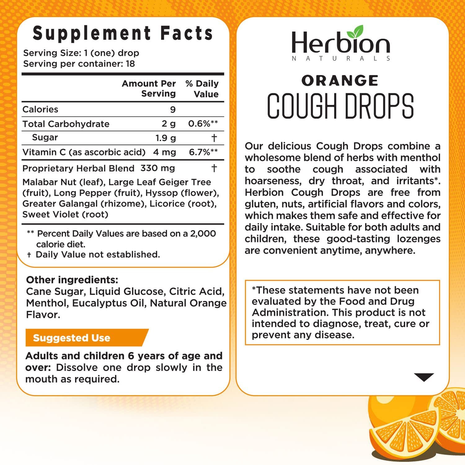 Herbion Naturals Cough Drops - All Natural - Orange - 18 Drops