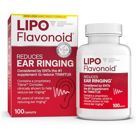 Lipo Flavonoid Plus, Tinnitus Relief For Ringing Ears, OTC Flavonoid Ear Health Vitamins, Bioflavonoids & Vitamin C, 100 Caplets, packaging may vary