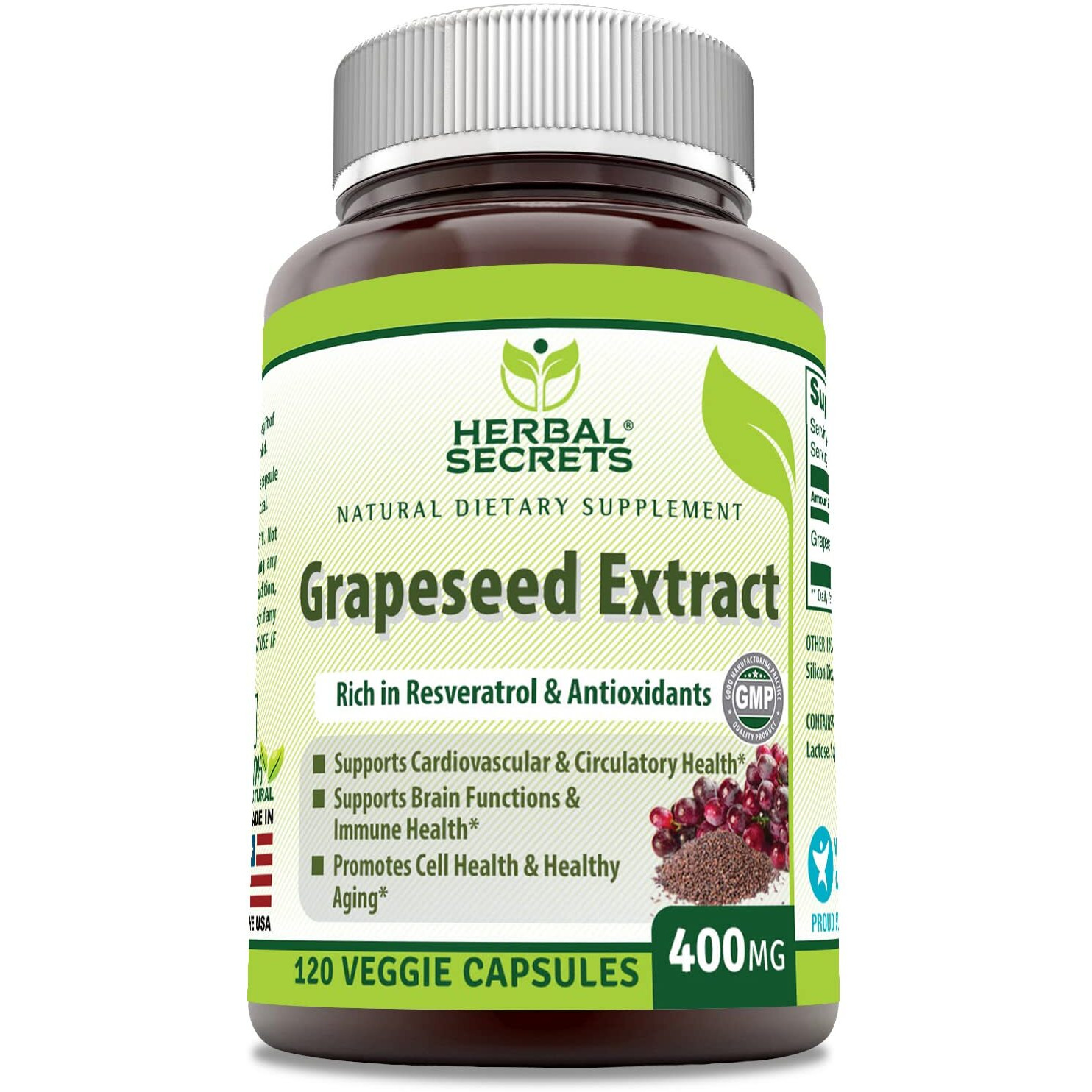 Herbal Secrets Grapeseed Extract 400 mg 120 Veggie Capsules Supplement - Non-GMO - Gluten Free
