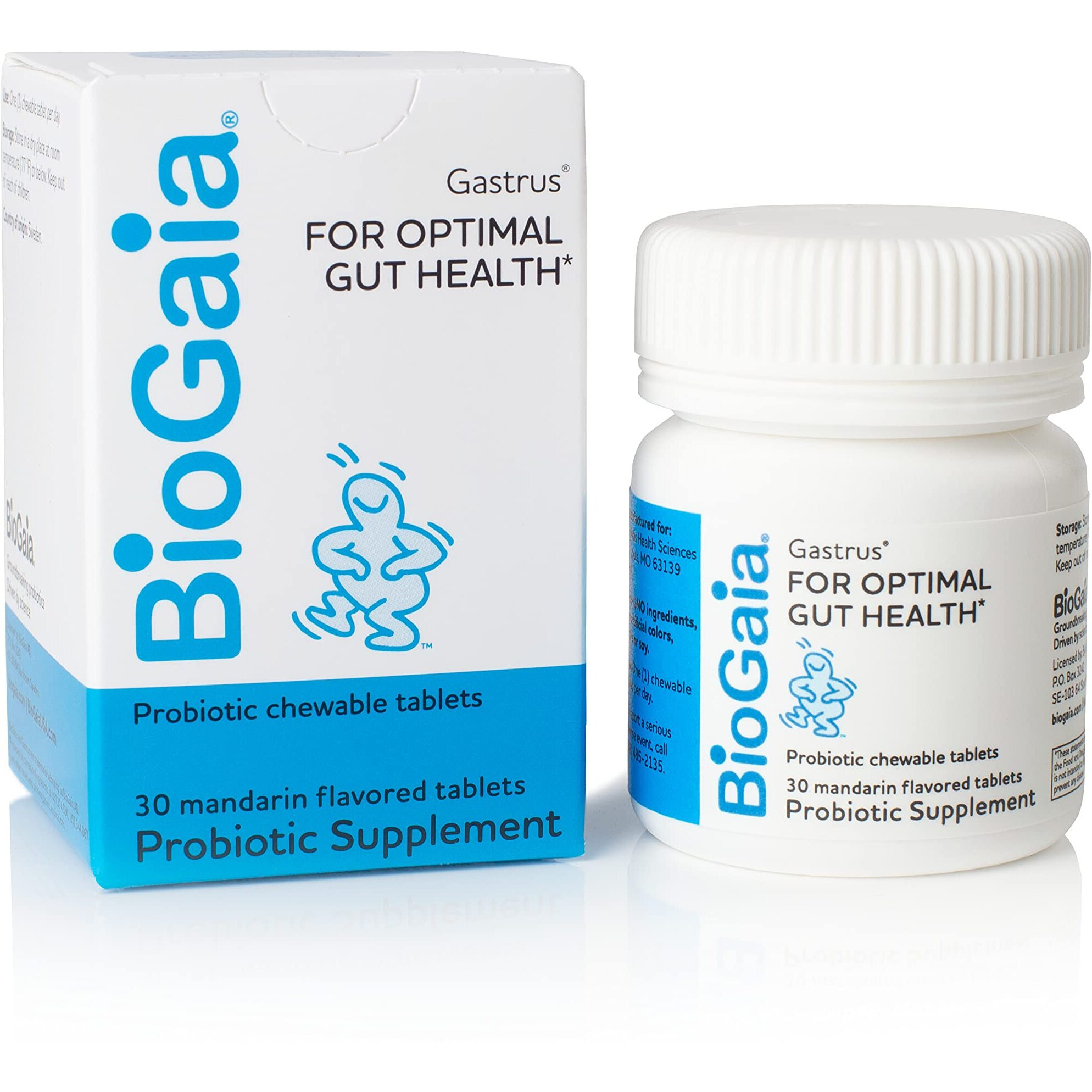BioGaia Gastrus Chewable Tablets, Adult Probiotic Supplement for Stomach Discomfort, Constipation, Gas, Bloating, Regularity, Non-GMO, 30 Tablets, 1 Pack