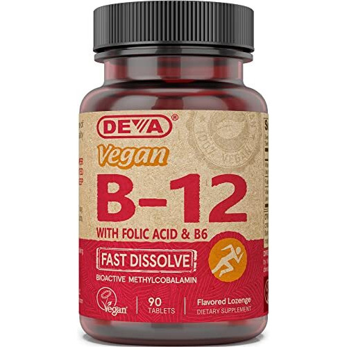 DEVA Vegan Vitamin B12 Fast Dissolve Supplement - Once-Per-Day Complex with 1000 Mcg Methylcobalamin B12, Folic Acid, B6 - Lemon Flavor - 90 Dissolvable Tablets,