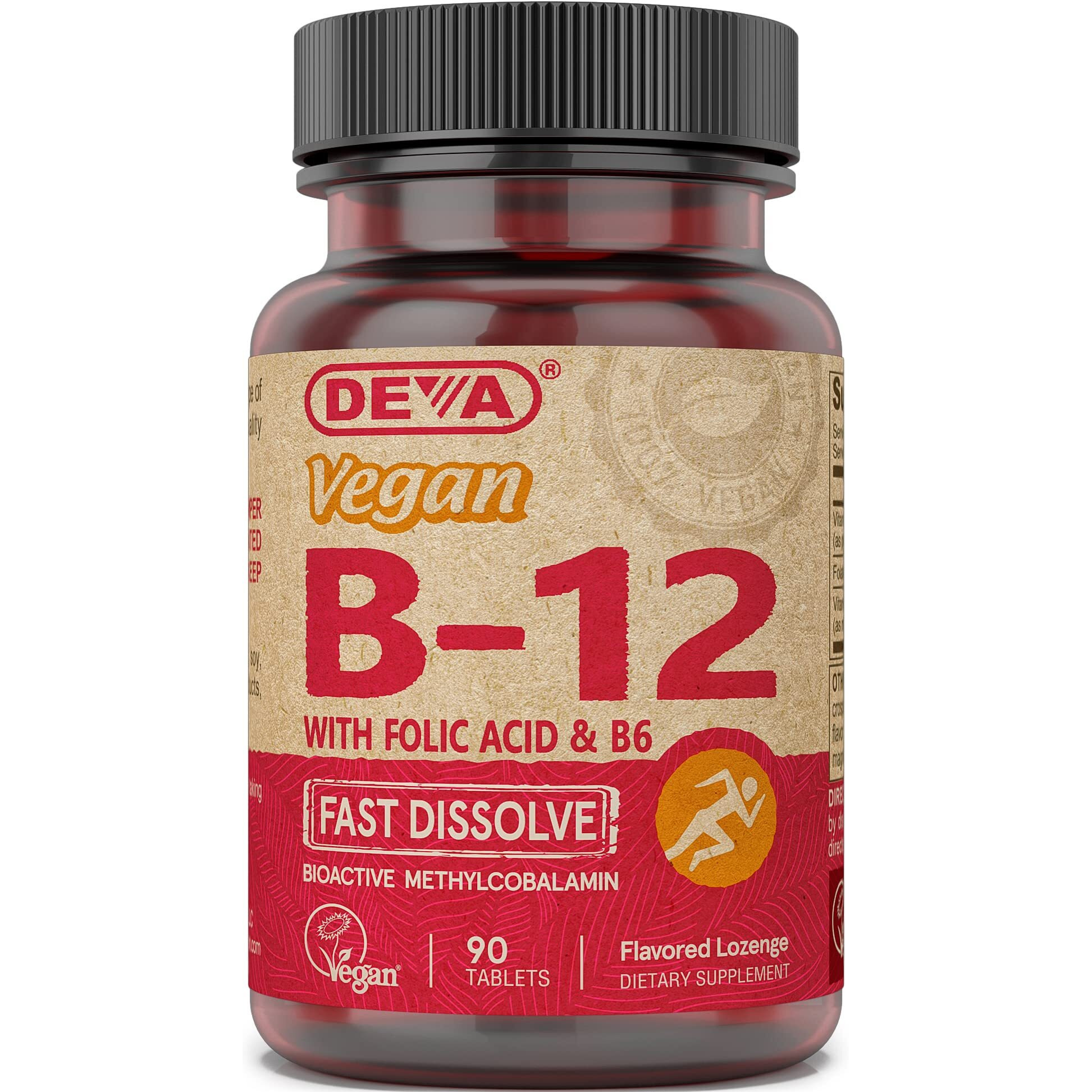 DEVA Vegan Vitamin B12 Fast Dissolve Supplement - Once-Per-Day Complex with 1000 Mcg Methylcobalamin B12, Folic Acid, B6 - Lemon Flavor - 90 Dissolvable Tablets,