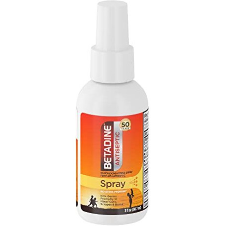 Betadine Antiseptic First Aid Spray, Povidone-iodine 5%, Infection Protection, Kills Germs In Minor Cuts Scrapes And Burns, No Sting Promise, No Alcohol or Hydrogen Peroxide, 3 FL OZ