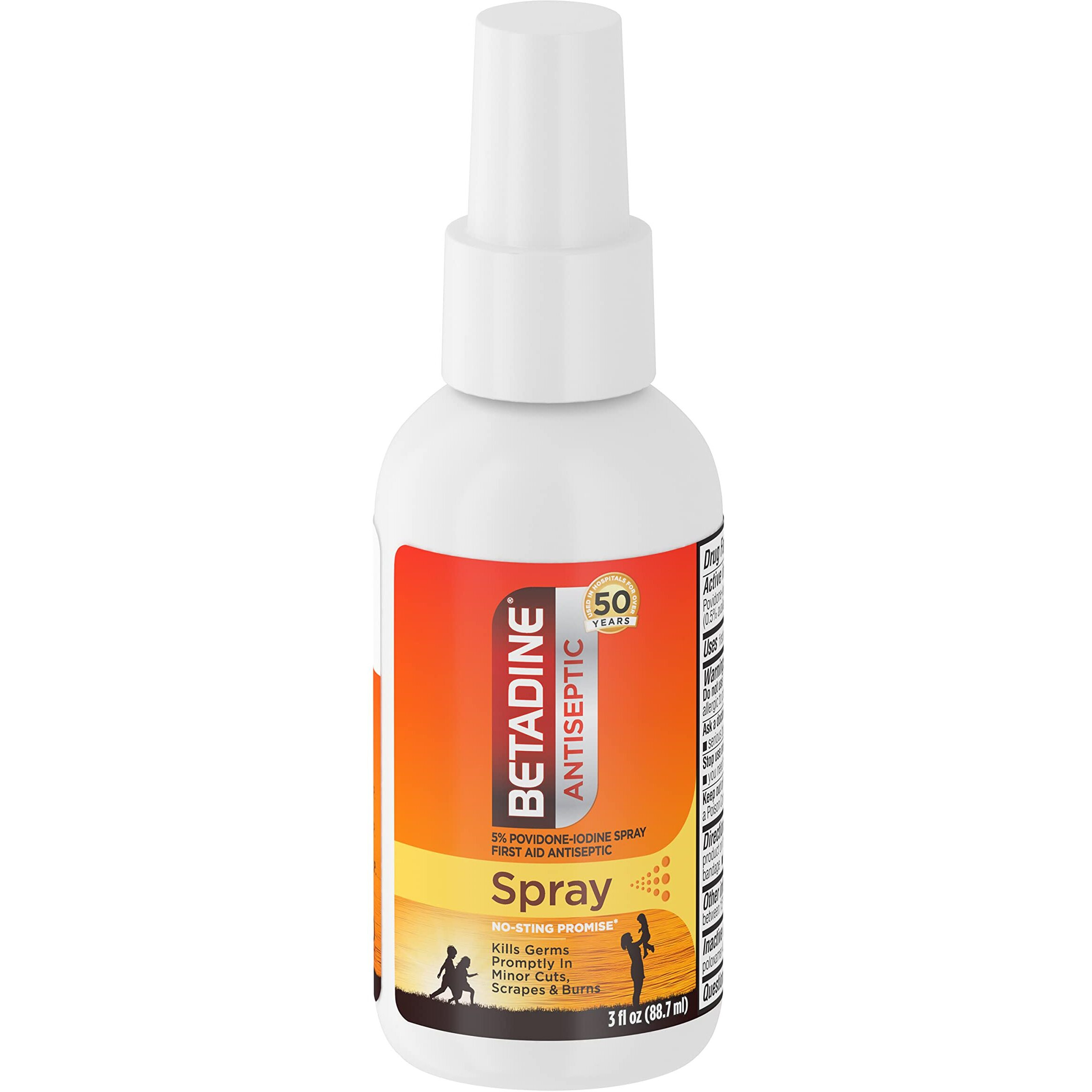 Betadine Antiseptic First Aid Spray, Povidone-iodine 5%, Infection Protection, Kills Germs In Minor Cuts Scrapes And Burns, No Sting Promise, No Alcohol or Hydrogen Peroxide, 3 FL OZ
