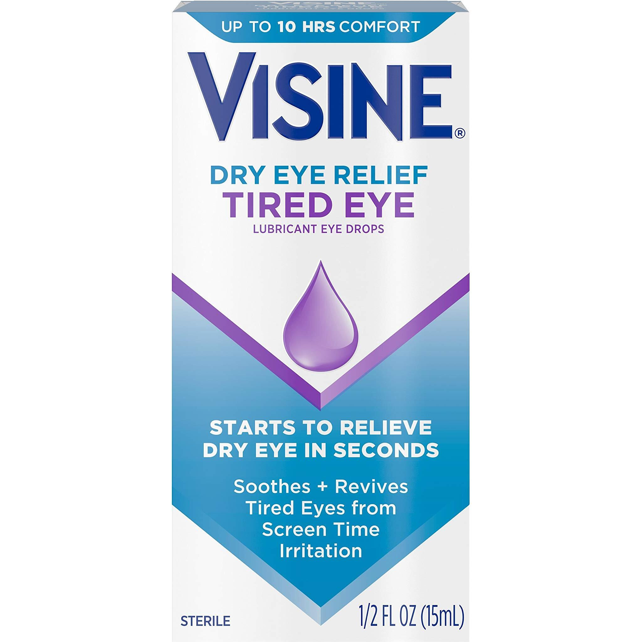 Visine Dry Eye Relief Tired Eye Lubricant Eye Drops, Moisturizing & Soothing Sterile Drops for Irritated, Dry & Tired Eyes Due to Screen Time Irritation, Polyethylene Glycol, 0.5 fl. oz