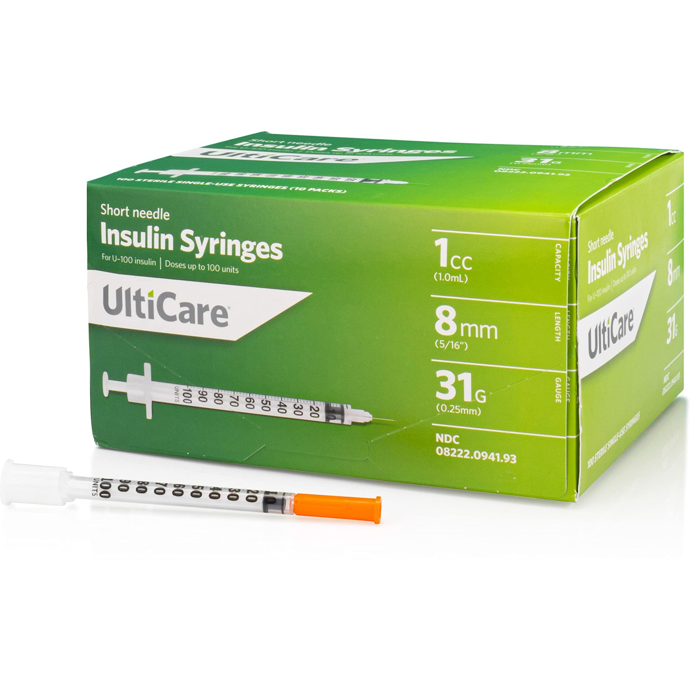 UltiCare U-100 Insulin Syringes, Comfortable and Accurate Dosing of Insulin, Compatible with Any U-100 Strength Insulin, Size 1cc, 31G x 8mm, 100 ct Box