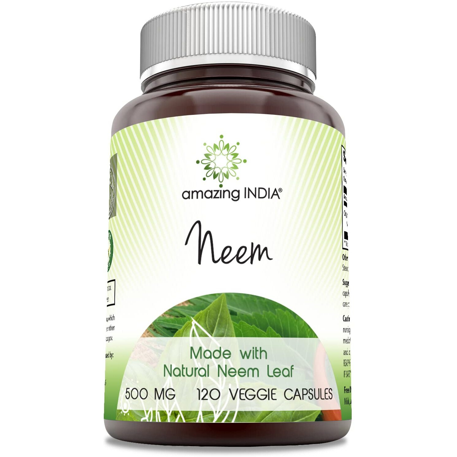 Amazing India Neem (Made with Natural Neem Leaf) Supplement | 500 Mg Per Serving | 120 Veggie Capsules | Non-GMO | Gluten Free | Made in USA
