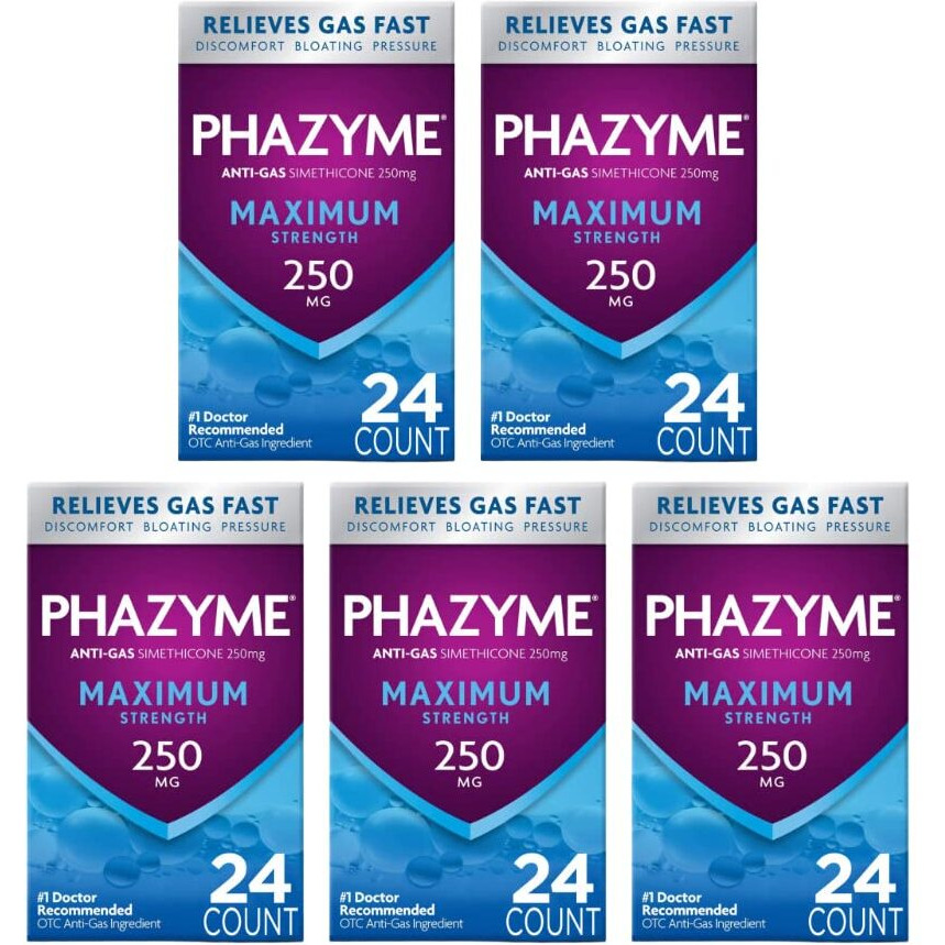 Maximum Strength Phazyme 250mg Anti Gas 24 Softgel (Pack of 5)