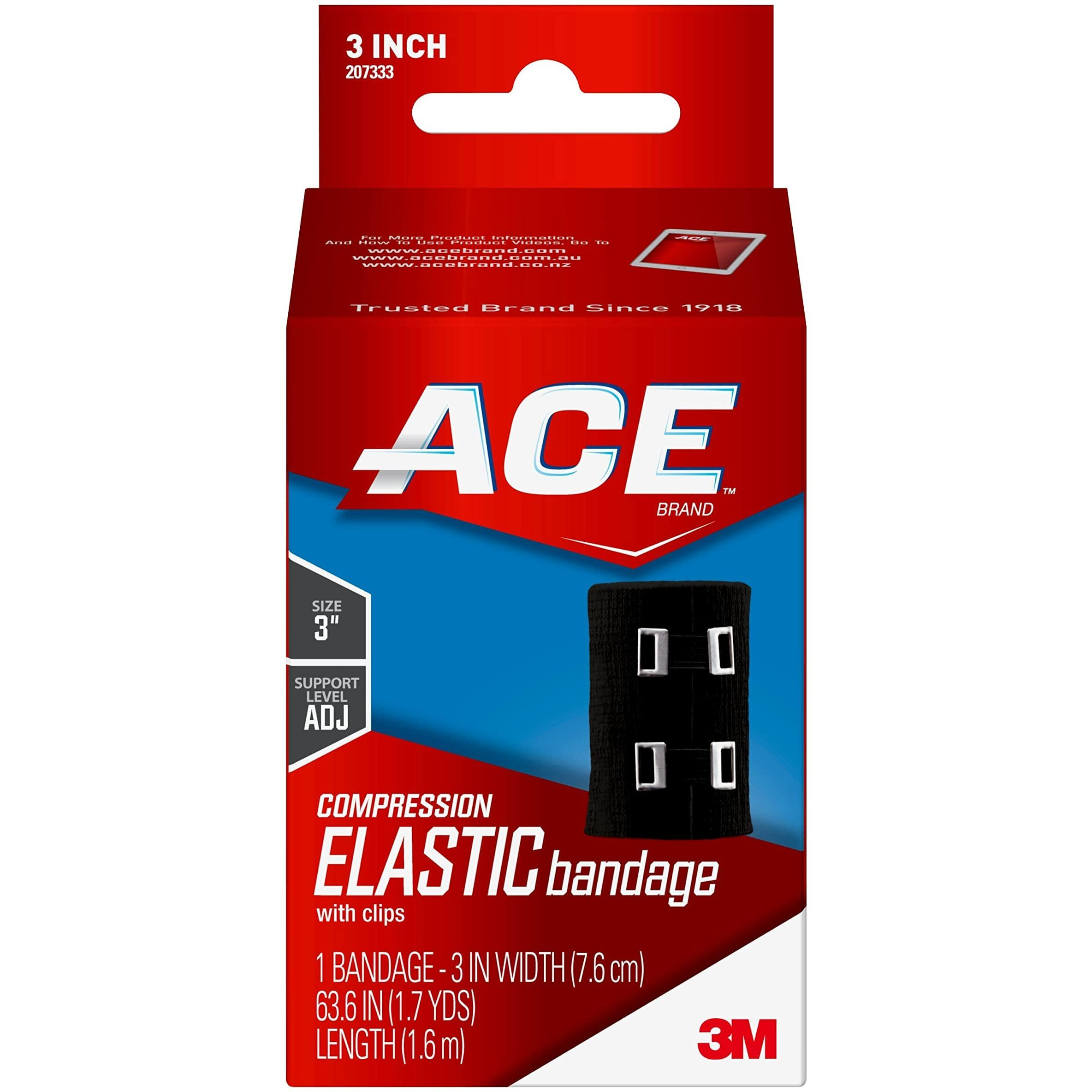 ACE 3 Inch Elastic Bandage with with Clips, Black, Great for Elbow, Ankle, Knee and More, 1 Count