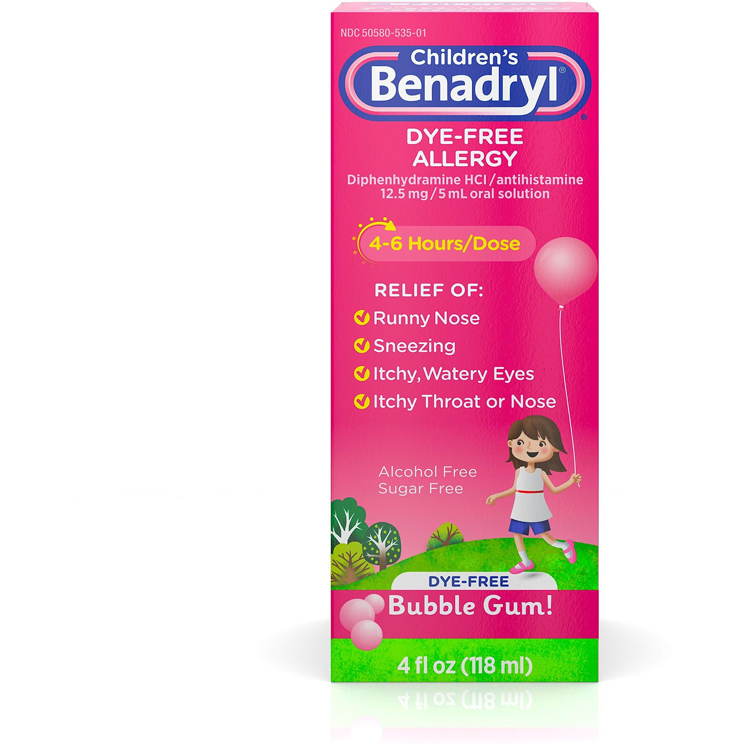 Childrens Benadryl Antihistamine Allergy Relief, Dye-Free Liquid, Bubble Gum Flavored, 4 Oz