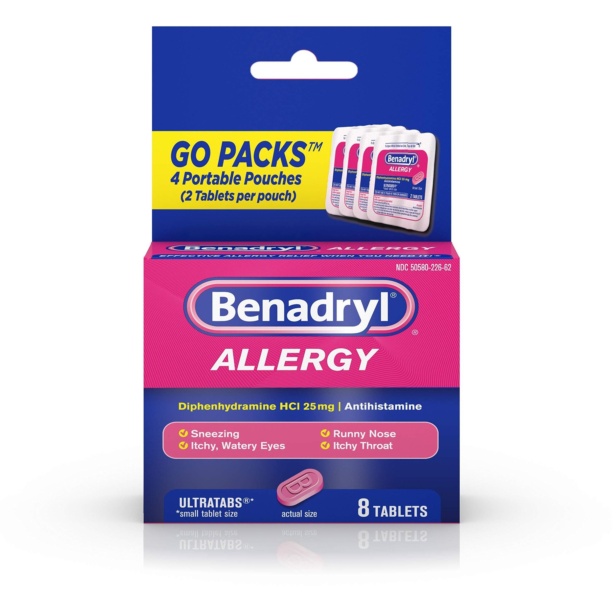 Benadryl Ultratabs Go Packs Antihistamine Allergy Relief Medicine, 25 mg Diphenhydramine HCl Tablets for Relief of Cold & Allergy Symptoms, Travel & On-The-Go Size, 4 Packets of 2 Tablets