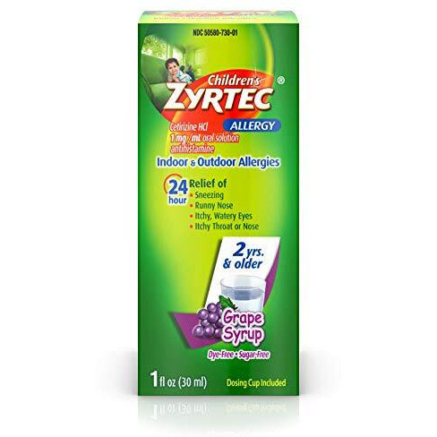 Zyrtec 24 Hr Childrens Allergy Syrup with Cetirizine, Dye- & Sugar-Free, Grape Flavor, 1 fl. oz