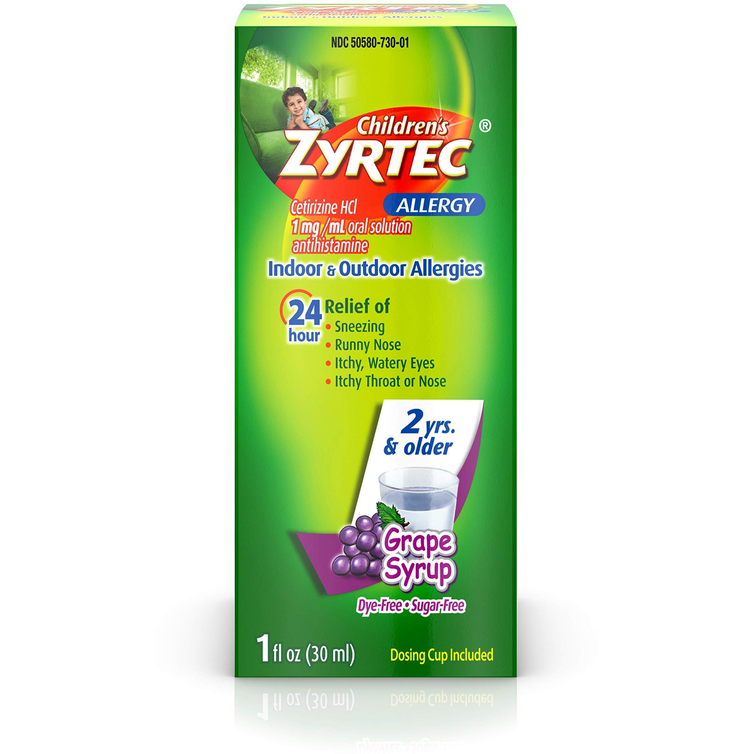 Zyrtec 24 Hr Childrens Allergy Syrup with Cetirizine, Dye- & Sugar-Free, Grape Flavor, 1 fl. oz