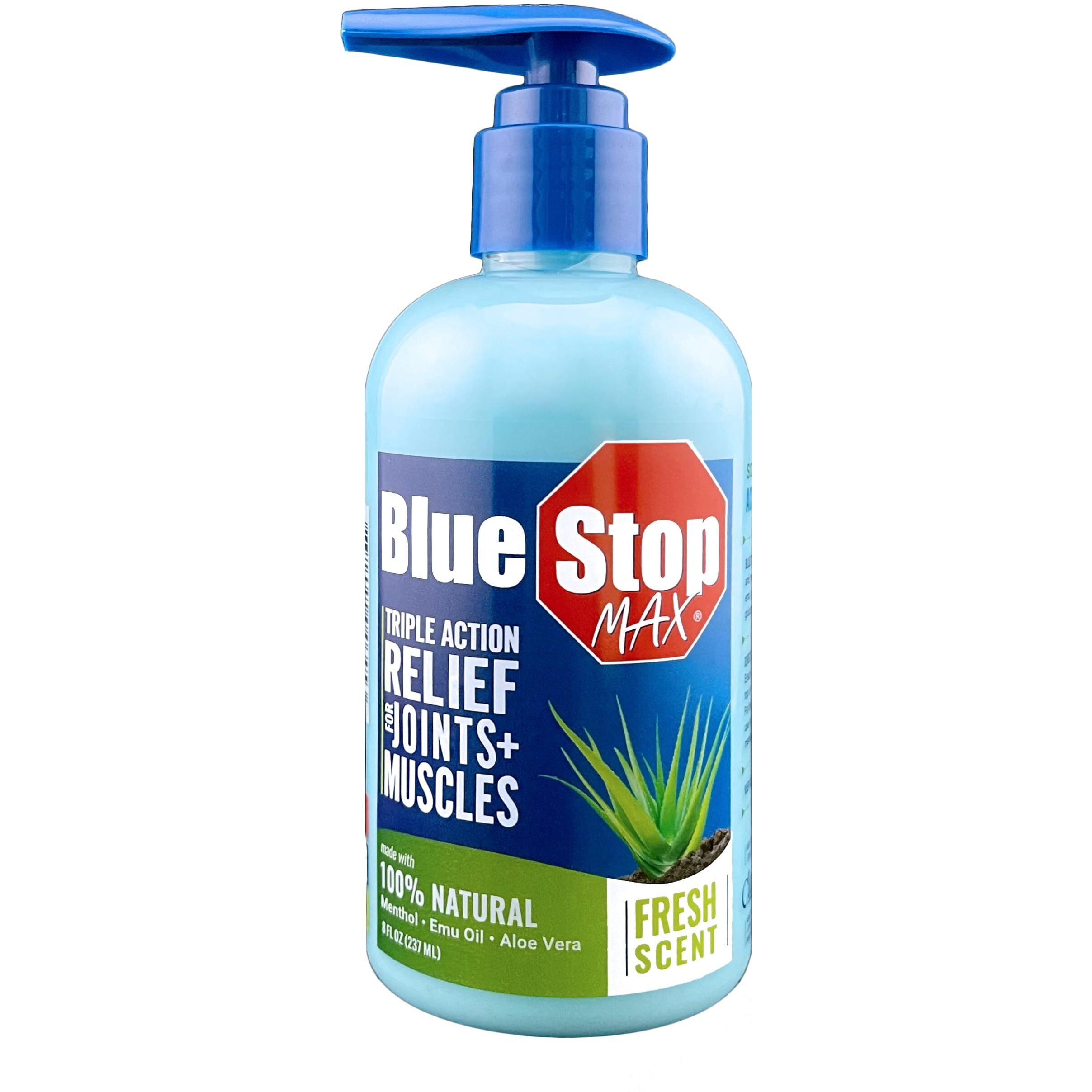 Blue Stop Max Muscle & Joint Relief Gel Fast-Acting Sore Muscle, Back & Neck Relief Cream, Numbing Emu Oil Formula for Ankle, Leg Cramps, Tennis Elbow - 8 Oz Pump Bottle