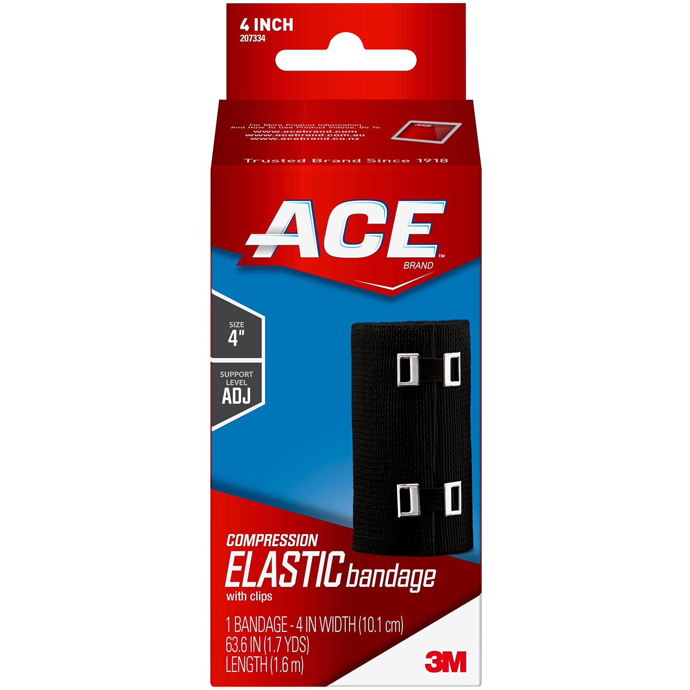 ACE 4 Inch Elastic Bandage with with Clips, Black, Great for Leg, Shoulder and More, 1 Count