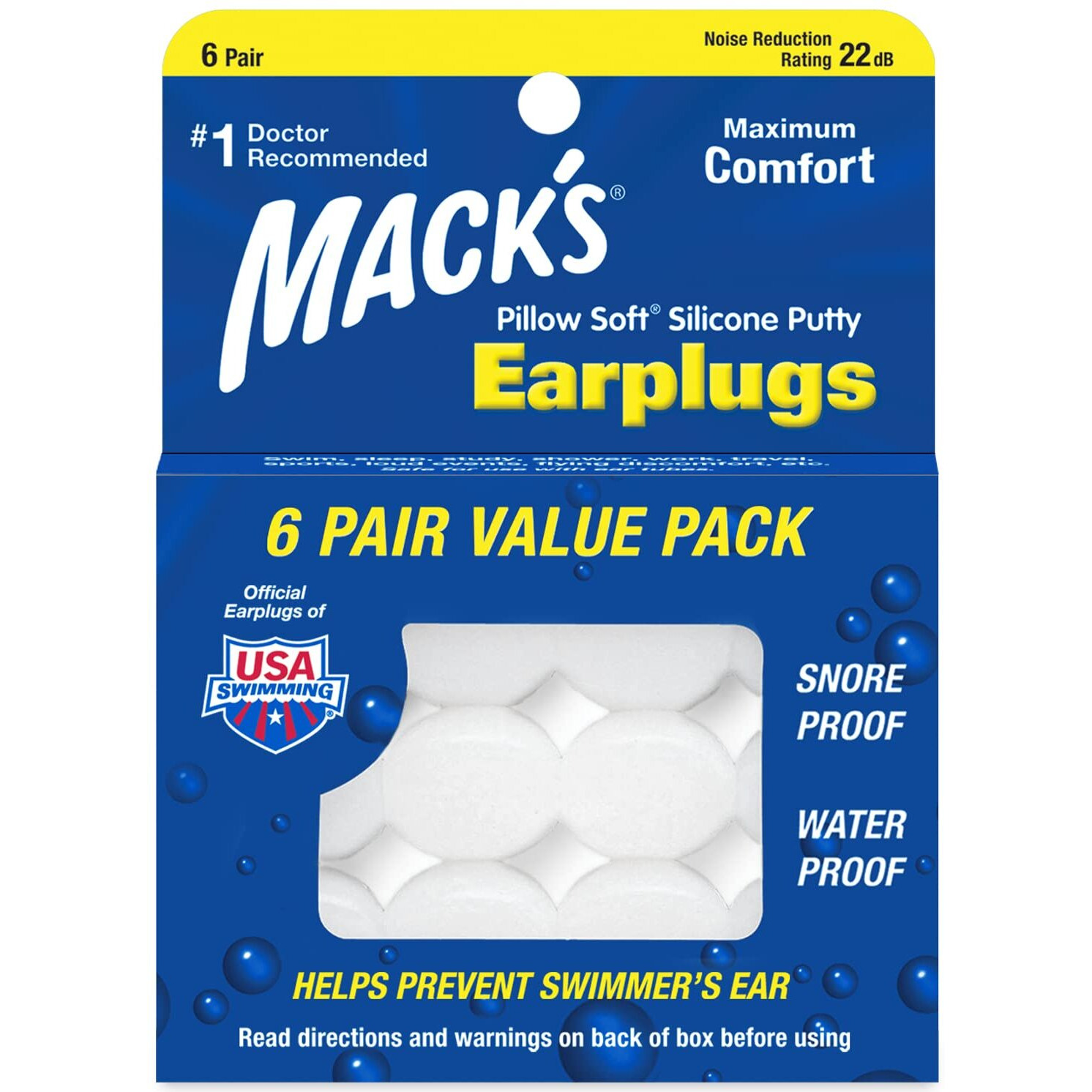 Mack's Pillow Soft Silicone Earplugs - 6 Pair, Value Pack - The Original Moldable Silicone Putty Ear Plugs for Sleeping, Snoring, Swimming, Travel, Concerts and Studying | Made in USA