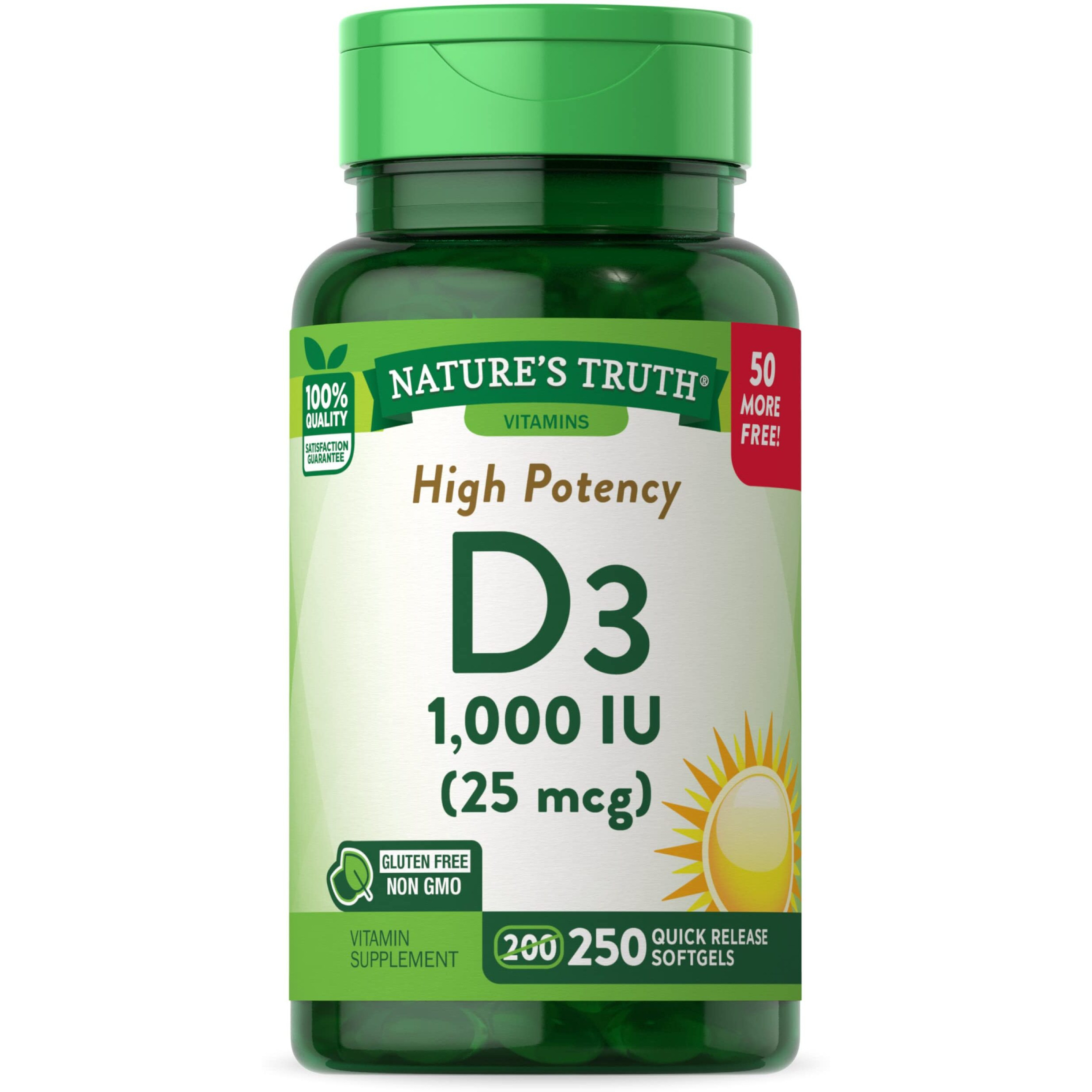 D3 1000 IU | 250 Softgels | Essential Vitamin D | Non-GMO & Gluten Free High Potency Supplement | by Nature's Truth
