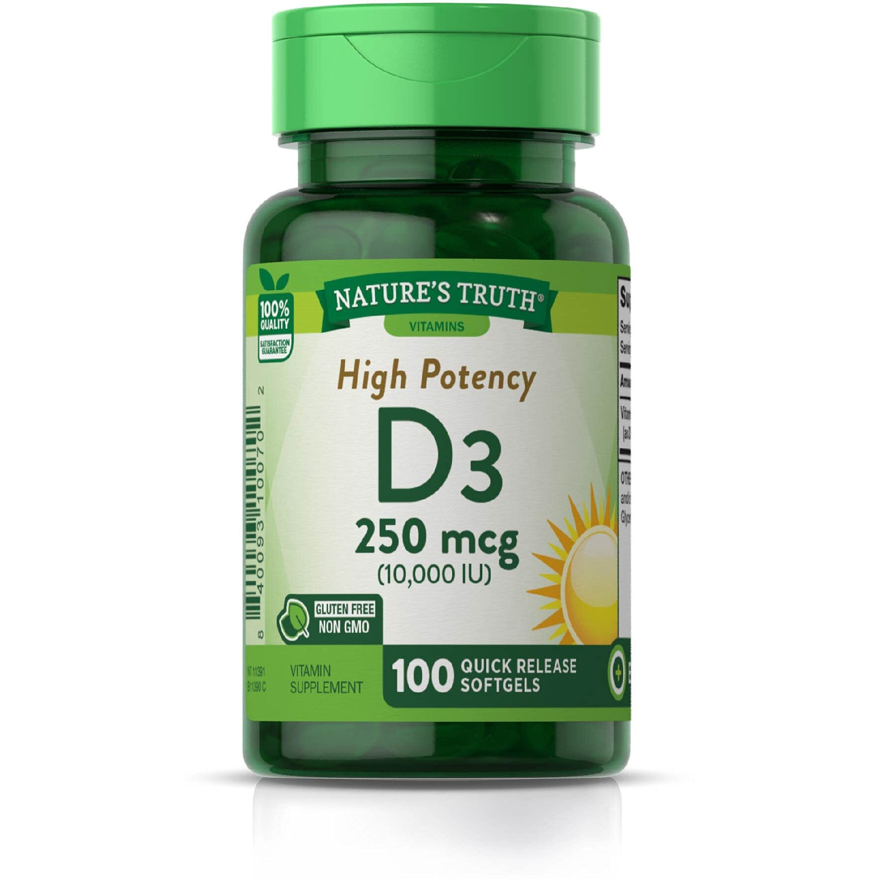Nature's Truth Vitamin D3 10000iu | 100 Quick Release Softgels | High Potency Formula | Non-GMO and Gluten Free Supplement
