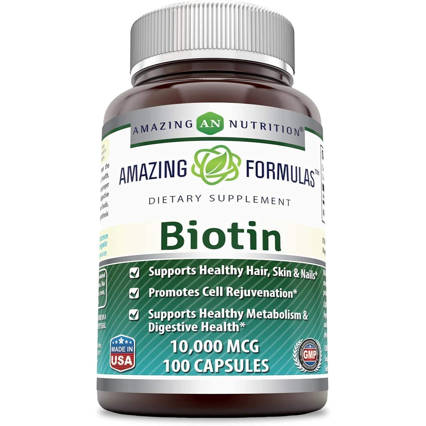 Amazing Formulas Biotin Supplement -10,000mcg Capsules (Non-GMO,Gluten Free)- Supports Healthy Hair, Skin & Nails - Promotes Cell Rejuvenation (100 Count)