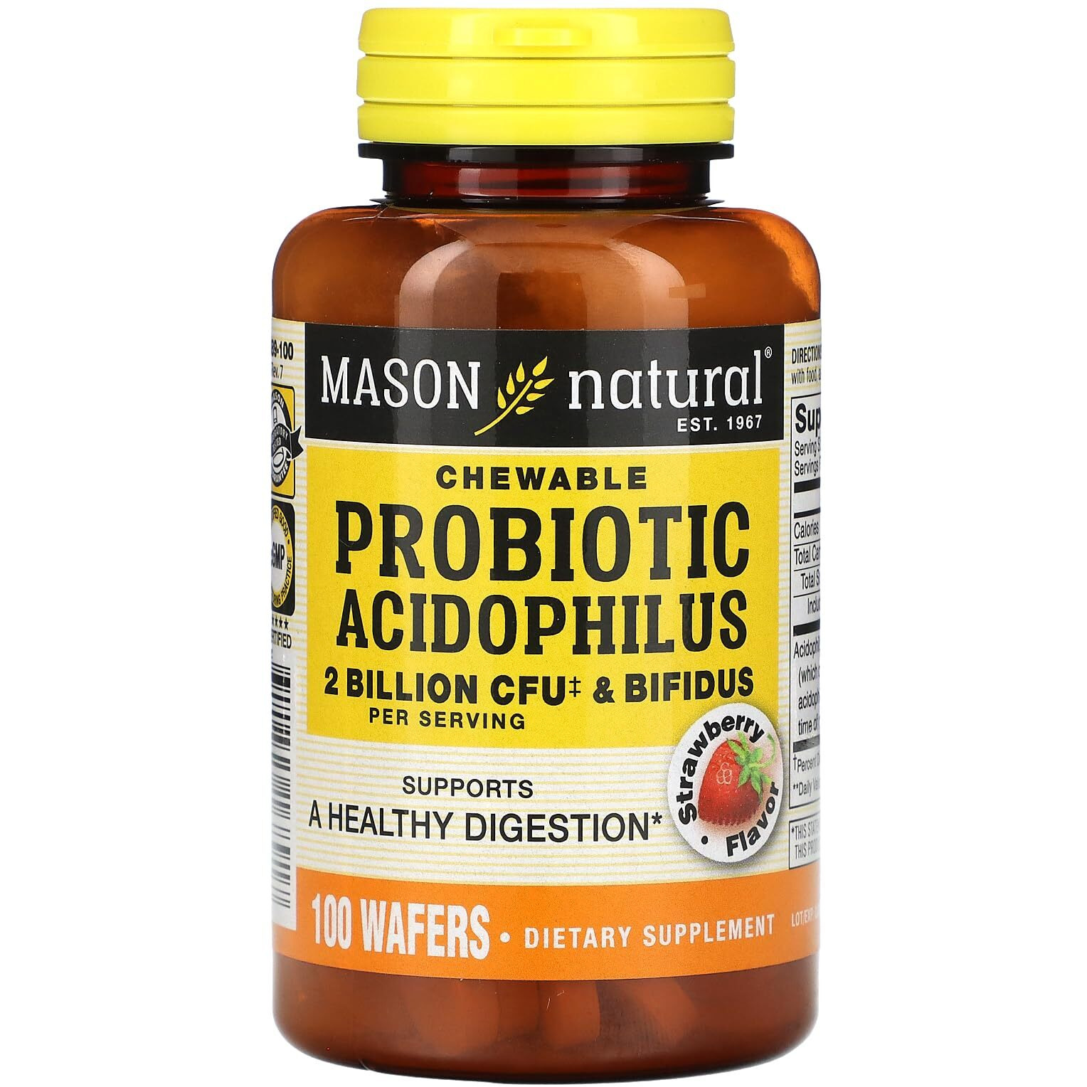 Mason Natural Probiotic Acidophilus with Bifidus 2 Billion CFU Per Serving- A Healthy Digestion, Improved Gastrointestinal Health, Strawberry Flavor, 100 Chewable Wafers