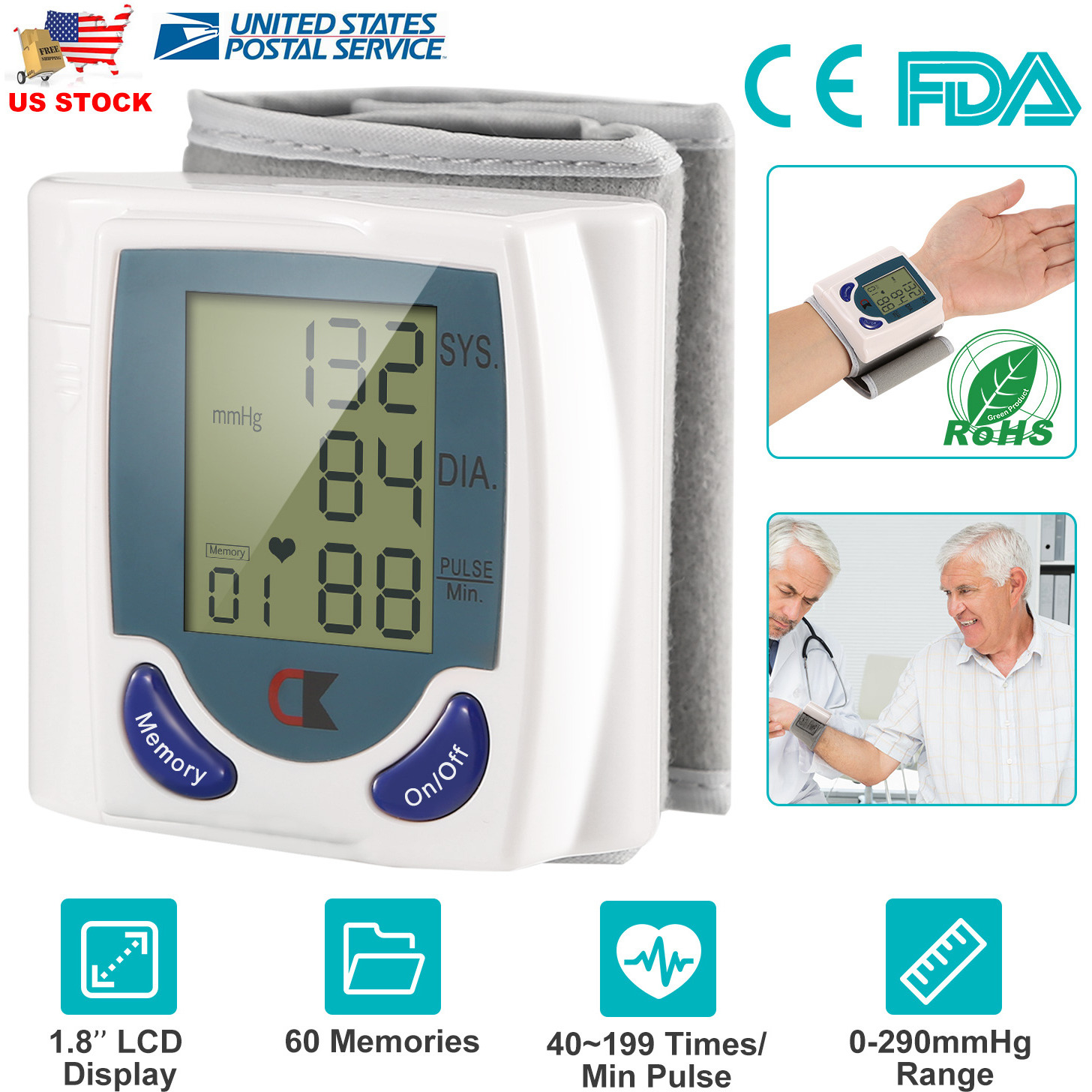 Blood Pressure Monitor Wrist Digital High Blood Pressure Cuff Heartbeat Tester w/ 60 Reading Memory 1.8 Inches LCD Screen Storage Box