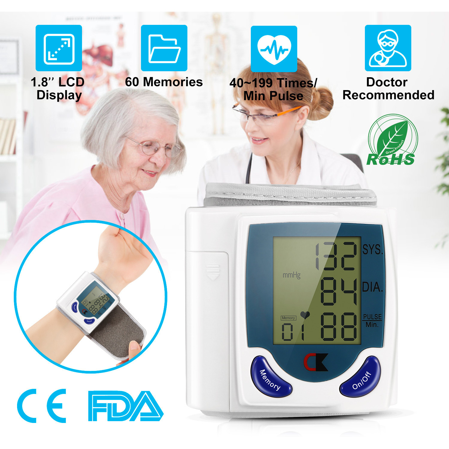 Blood Pressure Monitor Wrist Digital High Blood Pressure Cuff Heartbeat Tester w/ 60 Reading Memory 1.8 Inches LCD Screen Storage Box