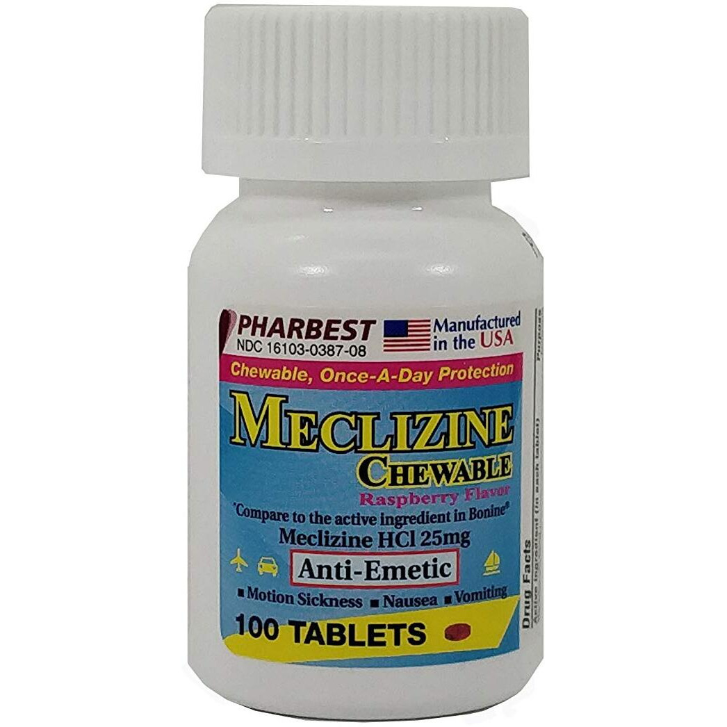 Meclizine 25 mg Generic For Bonine Chewable Tablets for Prevention of Motion Sickness and Anti-Nausea 100 Tablets per Bottle Pack of 2 Total 200 Tablets