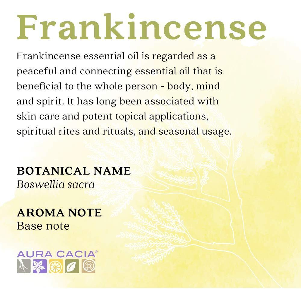 Aura Cacia 100% Pure Frankincense Essential Oil | Certified Organic, GC/MS Tested for Purity | 7.4 ml (0.25 fl. oz.) | Boswellia Sacra