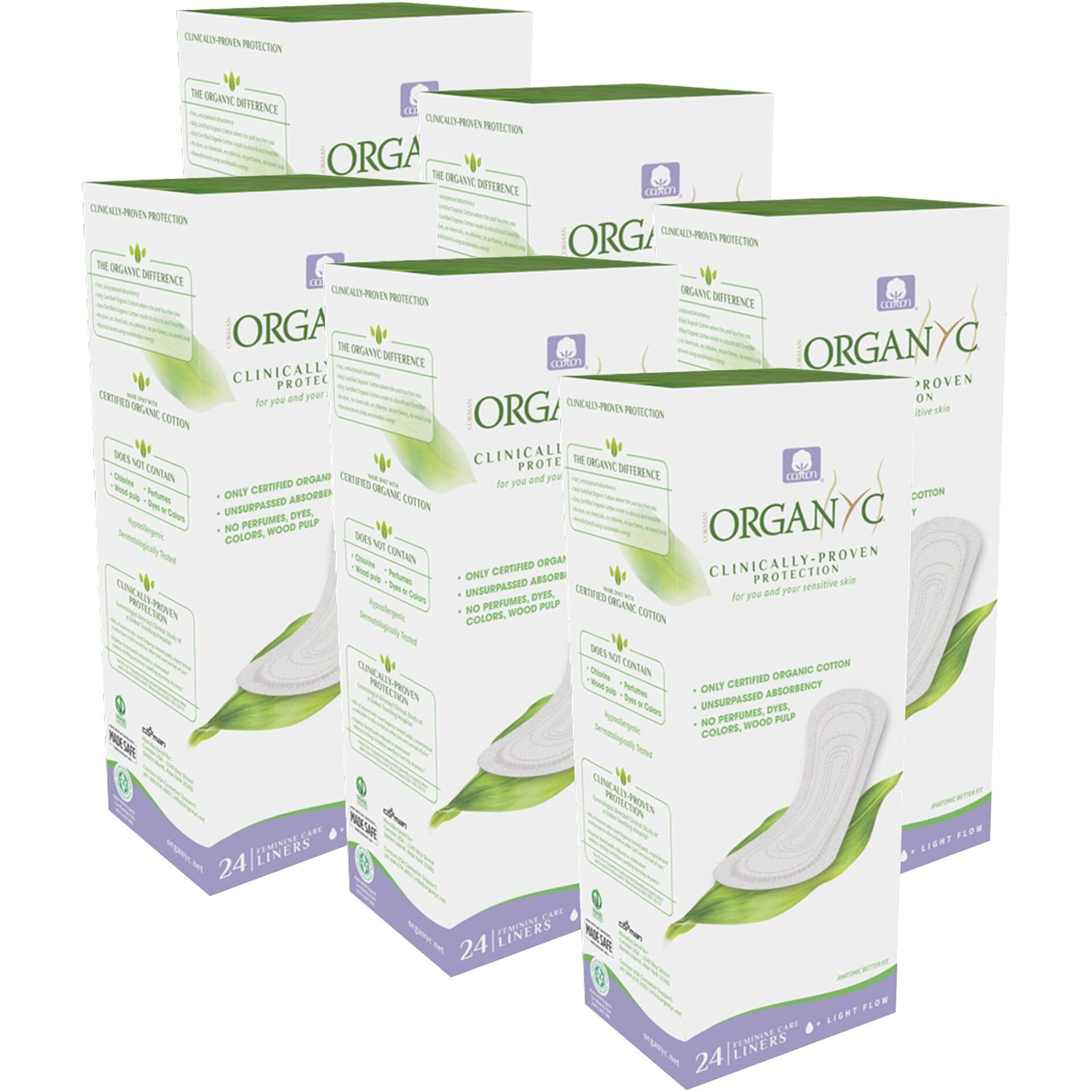 Organyc 100% Certified Organic Cotton Everyday Panty Liner - Flat, Light Flow, Light Plus, 24 Count (Pack of 6)