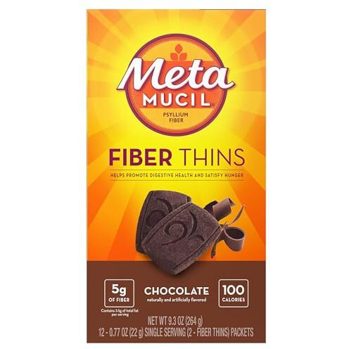 Metamucil Fiber Thins, Psyllium Husk Fiber Supplement, Digestive Health Support and Satisfy Hunger, Chocolate Flavored, 12 Servings