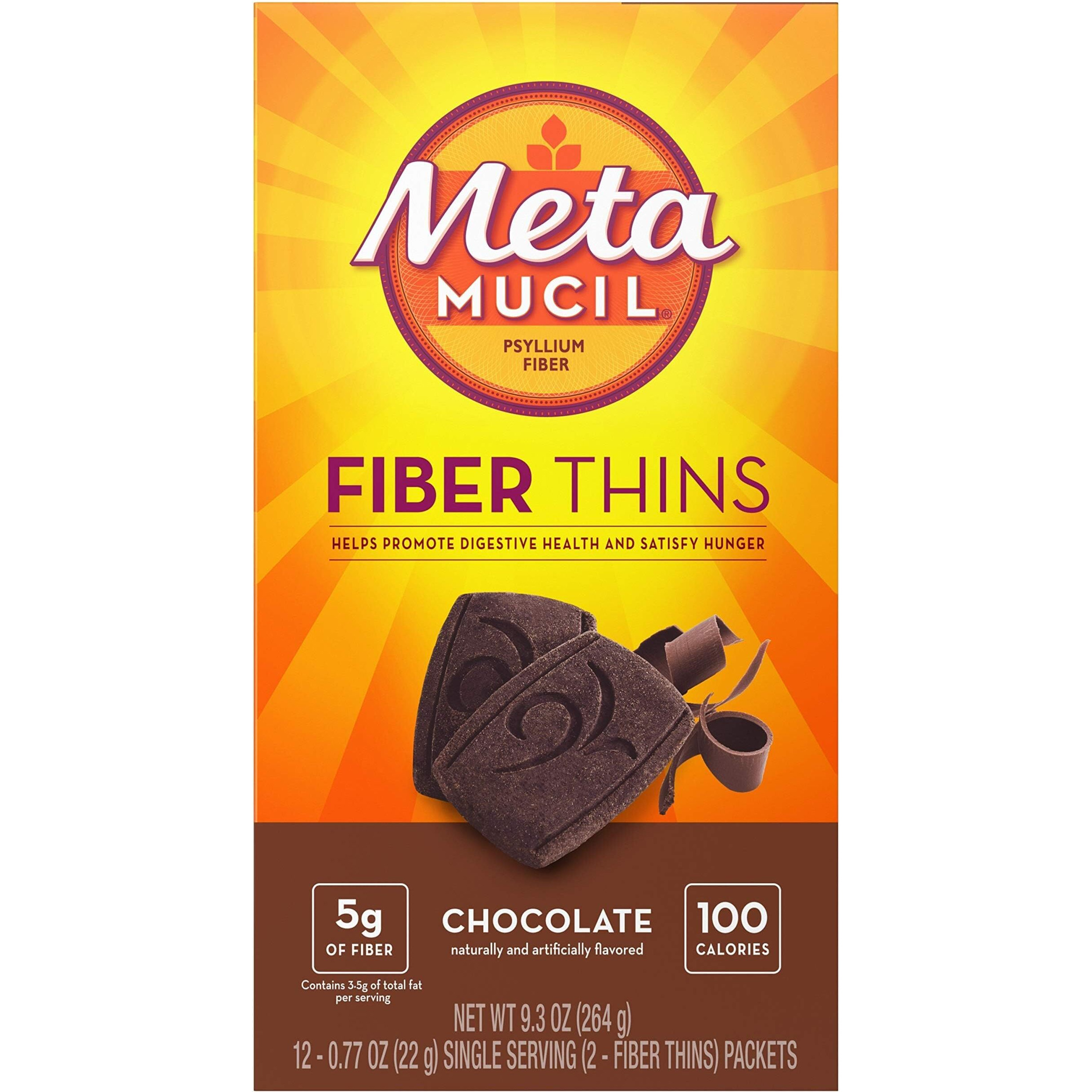 Metamucil Fiber Thins, Psyllium Husk Fiber Supplement, Digestive Health Support and Satisfy Hunger, Chocolate Flavored, 12 Servings