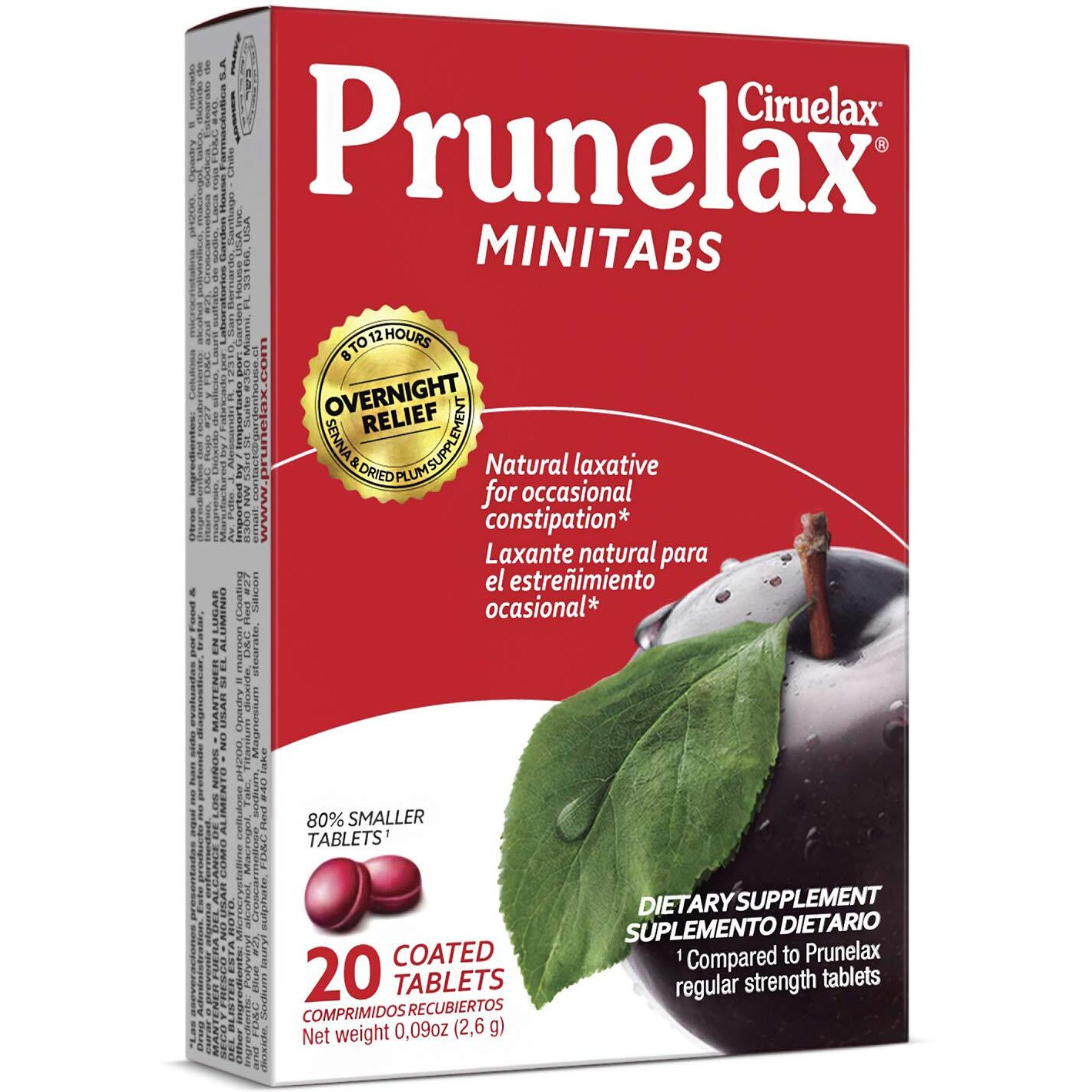 Prunelax Ciruelax Regular Strength Laxative Mini Tablets - Overnight Relief for Occasional Constipation, Senna Extract, Vegan & Gluten-Free, Gentle Relief - 20ct