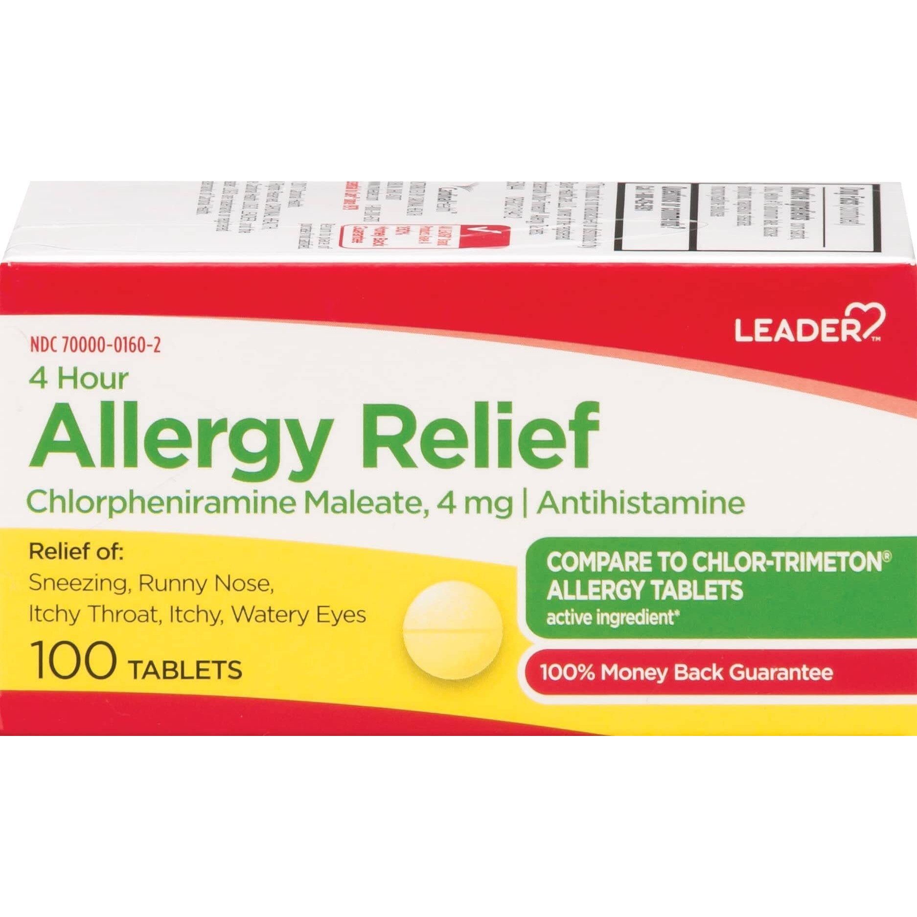 Leader 4 Hour Allergy Relief, Chlorpheniramine Maleate Tablets, Antihistamine, 4 mg, 100 Count, Pack of 4