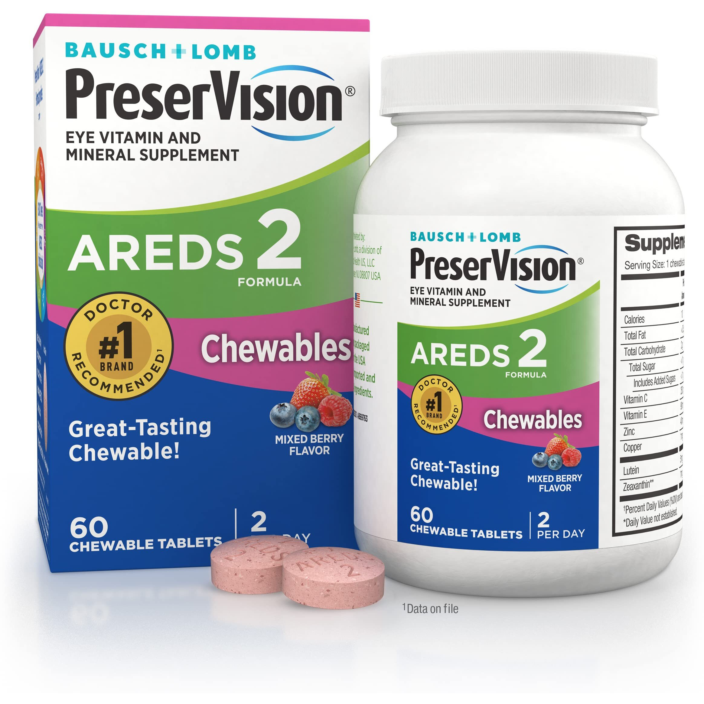 PreserVision AREDS 2 Eye Vitamin & Mineral Supplement, Contains Lutein, Vitamin C, Zeaxanthin, Zinc, Copper & Vitamin E, 60 Chewable (Packaging May Vary)