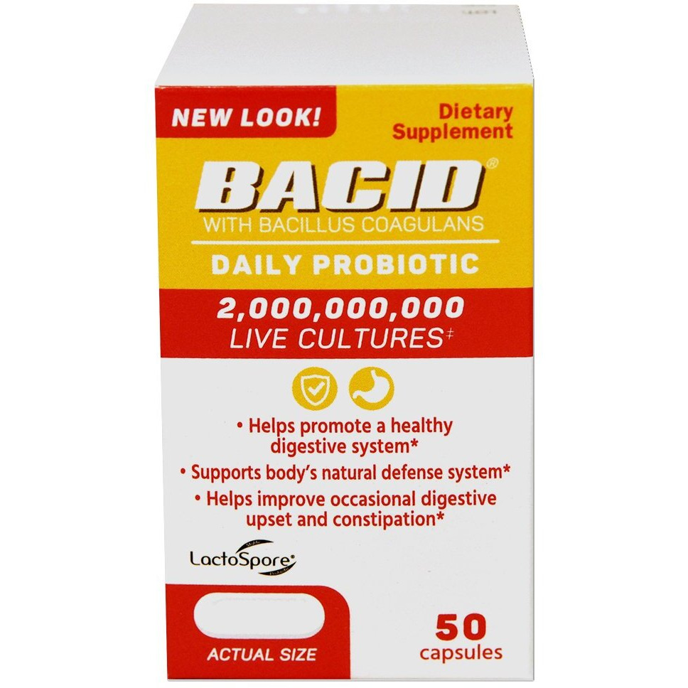 BACID Daily Probiotic, Dietary Supplement for Digestive Health, 2 Billion Bacillus Coagulans Live Cultures, White, 50 Count
