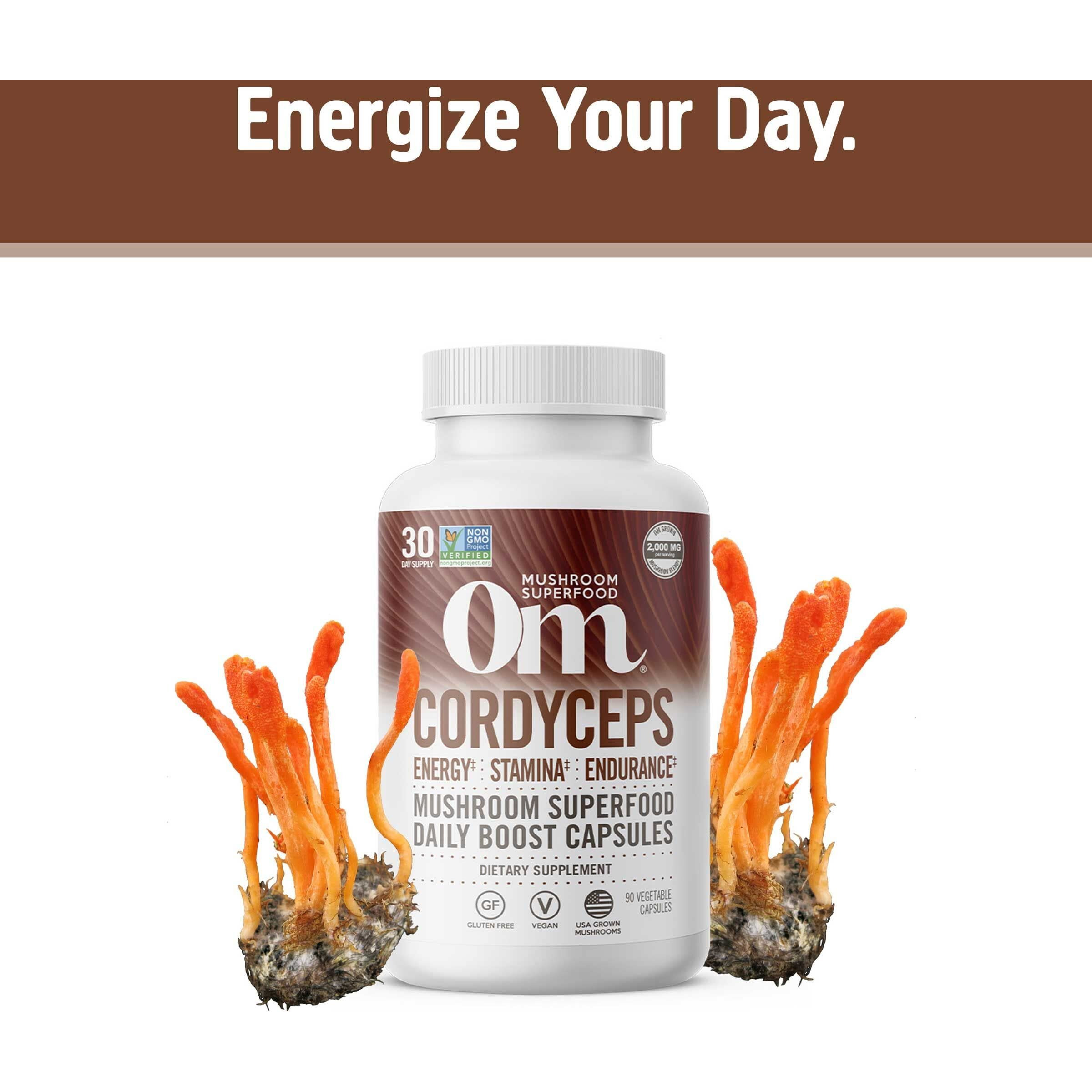 Om Mushroom Superfood Cordyceps Mushroom Capsules Superfood Supplement, 90 Count, 30 Days, Energy, Power, Stamina and Endurance Support, Superfood Supplement for Sports Performance