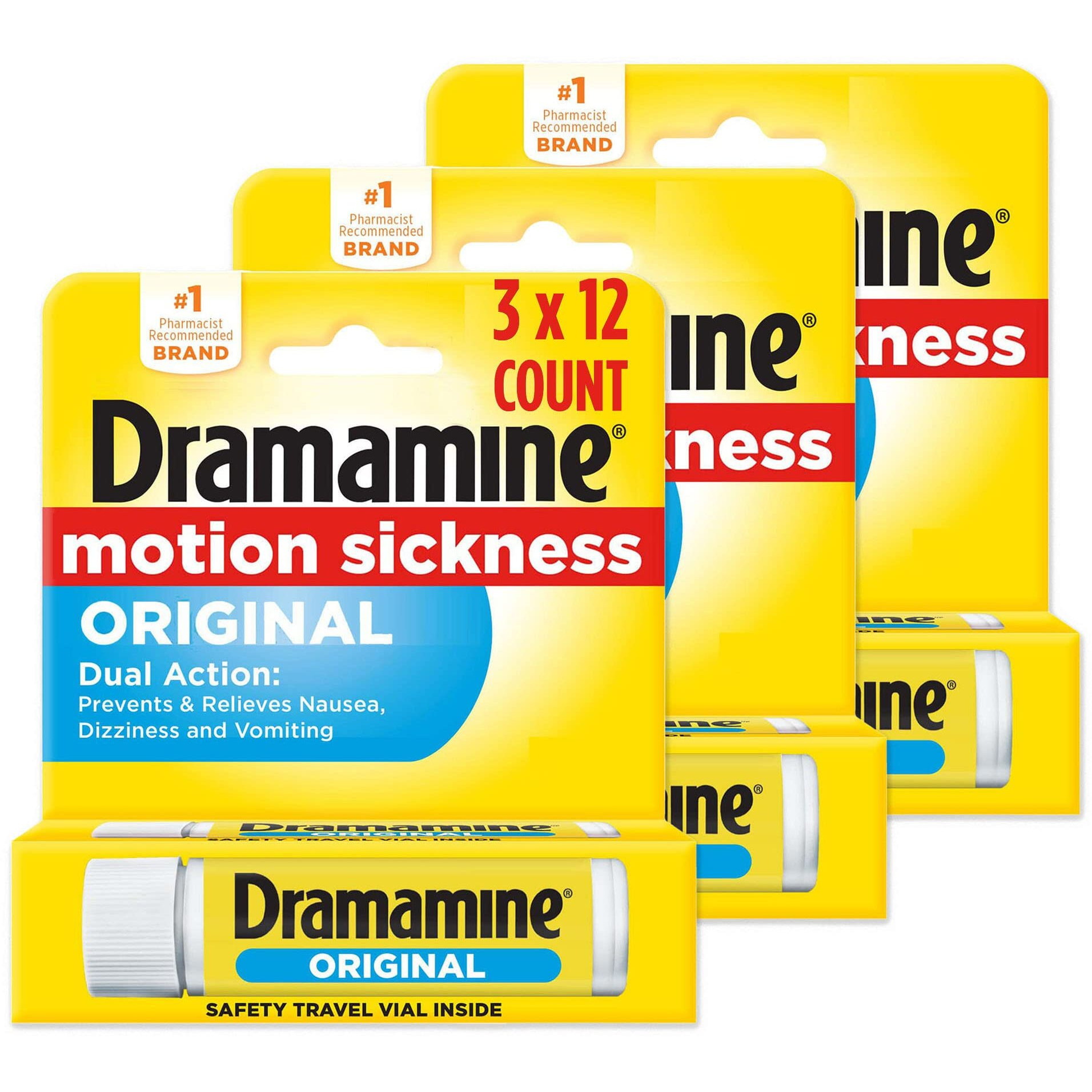 Dramamine Motion Sickness Original, Travel Vial, 12 Count, 3 Pack