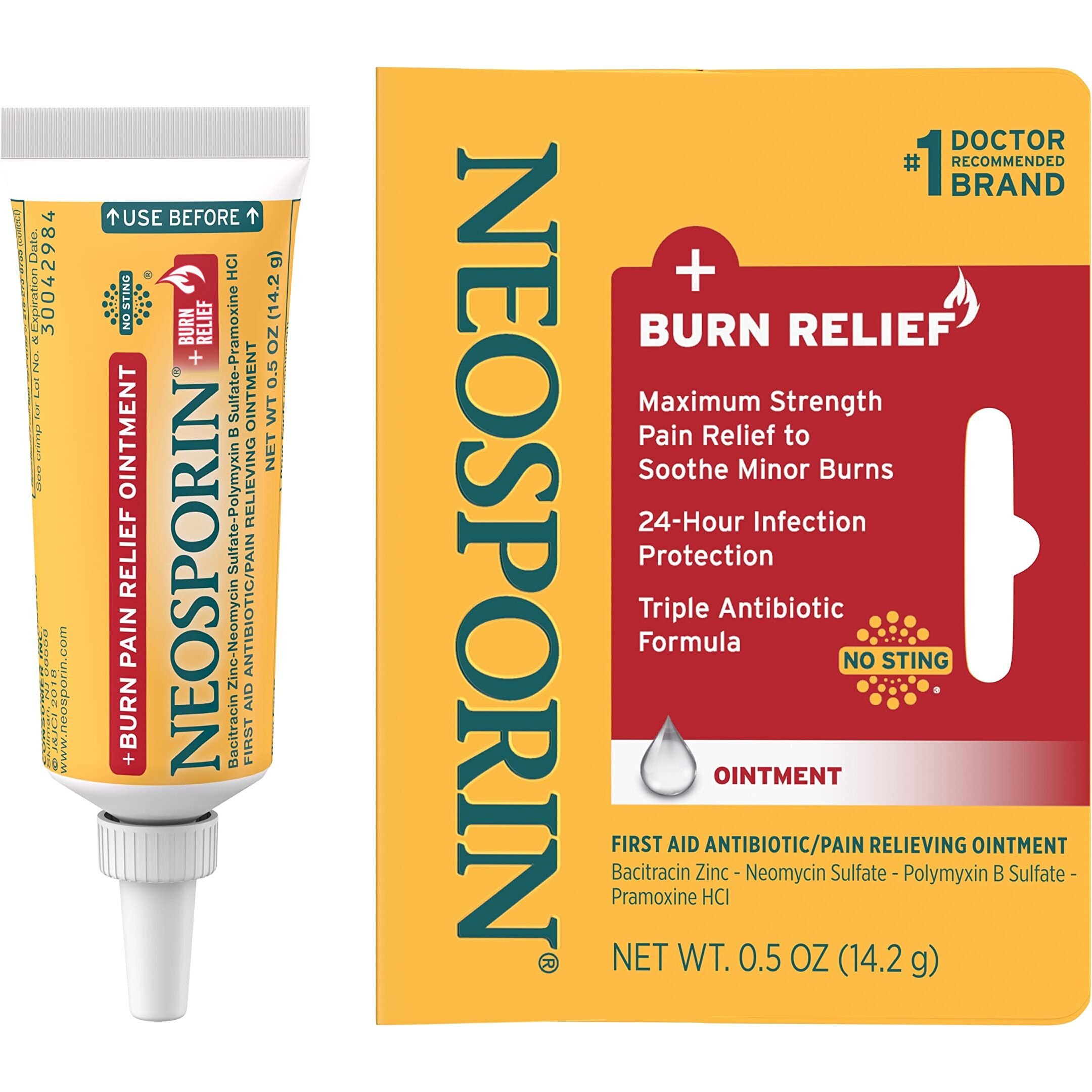 Neosporin Dual Action Burn Relief & First-Aid Antibiotic Ointment for 24-Hour Infection Protection & Maximum Strength Burn Pain Relief, Made with Bacitracin Zinc, Neomycin, & Pramoxine HCl,.5 oz