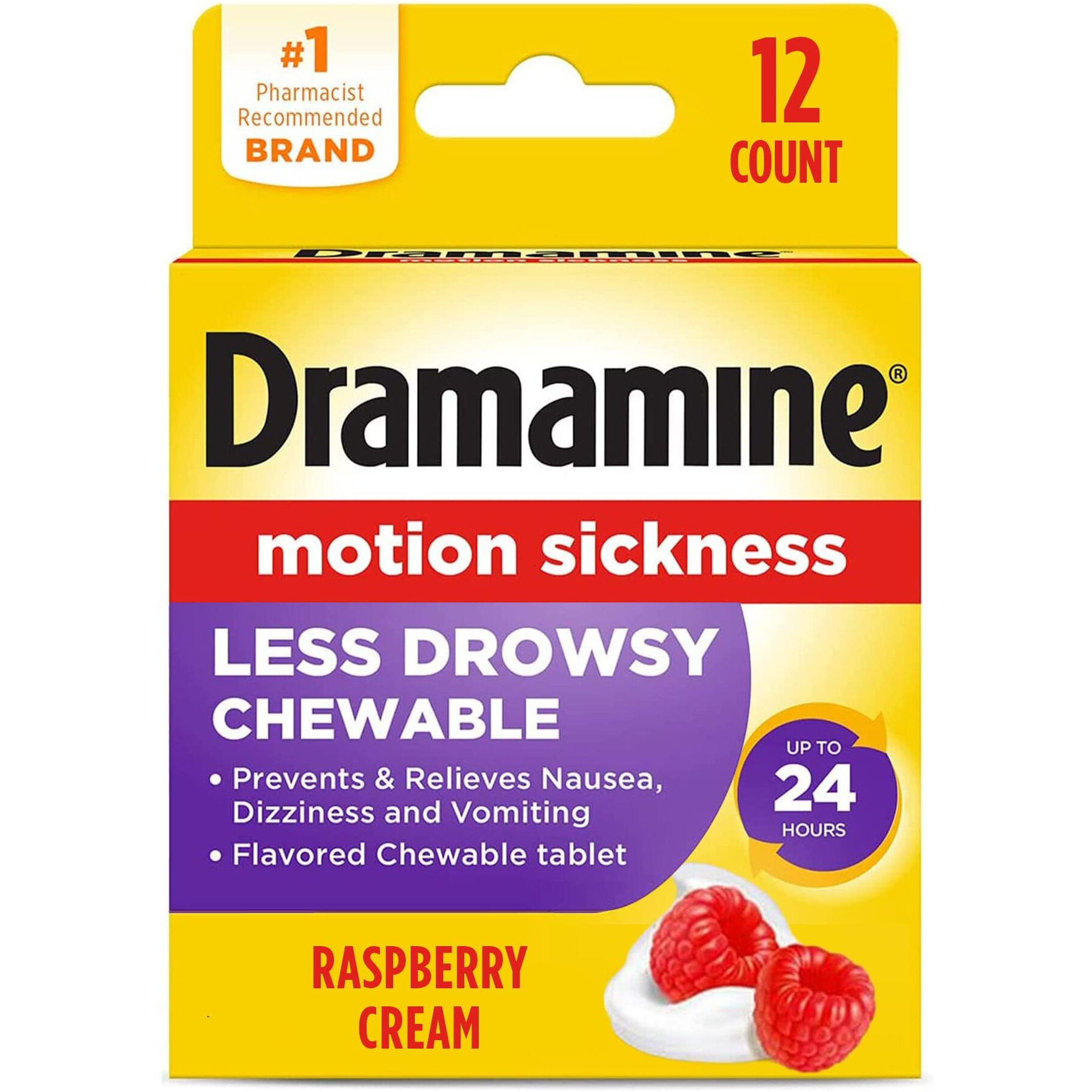 Dramamine Chewable Less Drowsy, Motion Sickness Relief, Raspberry Cream Flavor, 12 Count