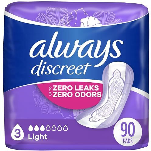 Always Discreet Adult Incontinence & Postpartum Pads for Women, Size 3, Light Absorbency, Regular Length, 30 Count x 3 Packs (90 Count total) (Packaging May Vary)