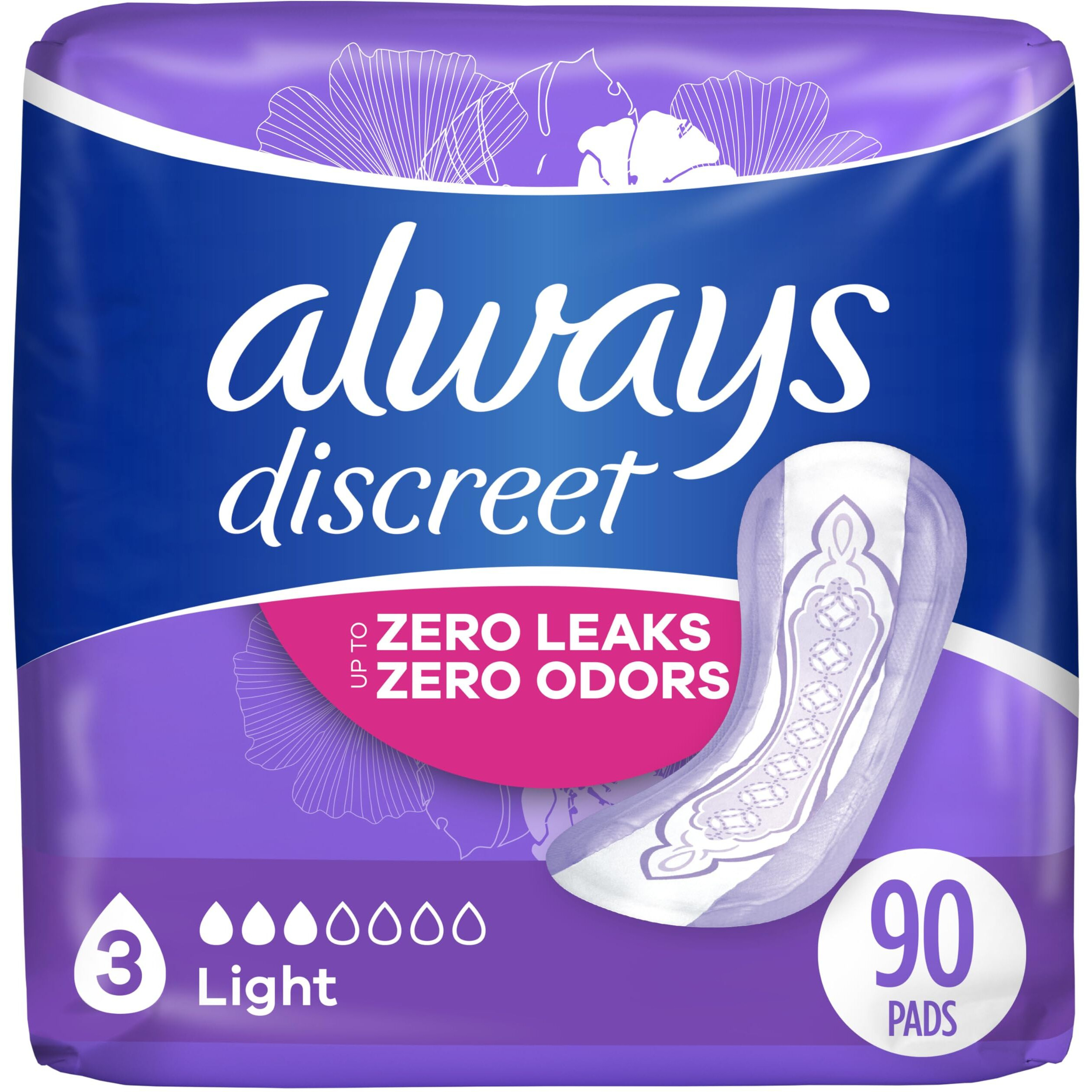Always Discreet Adult Incontinence & Postpartum Pads for Women, Size 3, Light Absorbency, Regular Length, 30 Count x 3 Packs (90 Count total) (Packaging May Vary)
