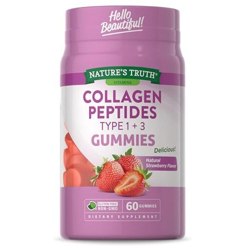 Collagen Gummies for Women | 60 Count Type 1 and 3 | Natural Strawberry Flavor | Non-GMO, Gluten Free Collagen Peptide Supplement | by Nature's Truth