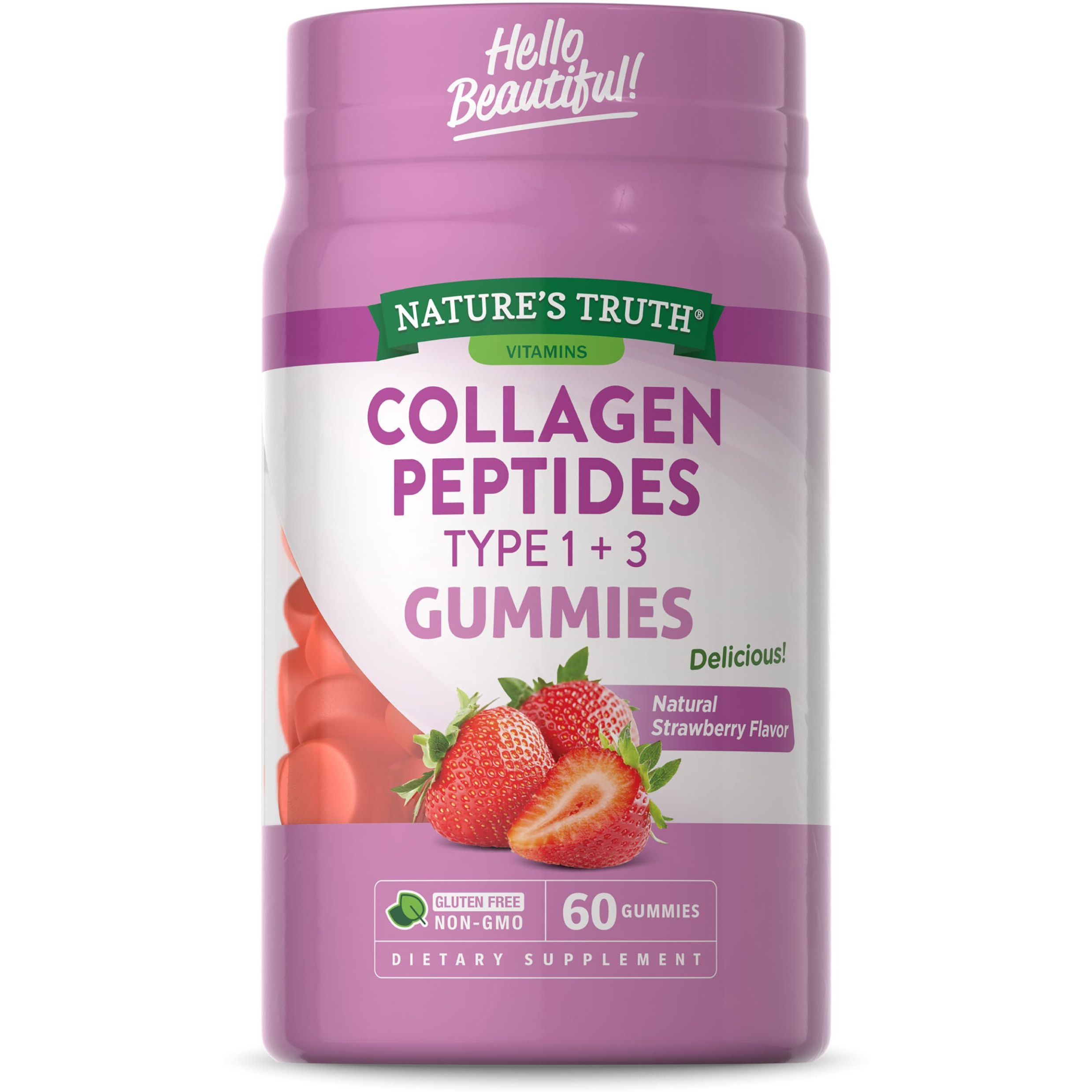 Collagen Gummies for Women | 60 Count Type 1 and 3 | Natural Strawberry Flavor | Non-GMO, Gluten Free Collagen Peptide Supplement | by Nature's Truth