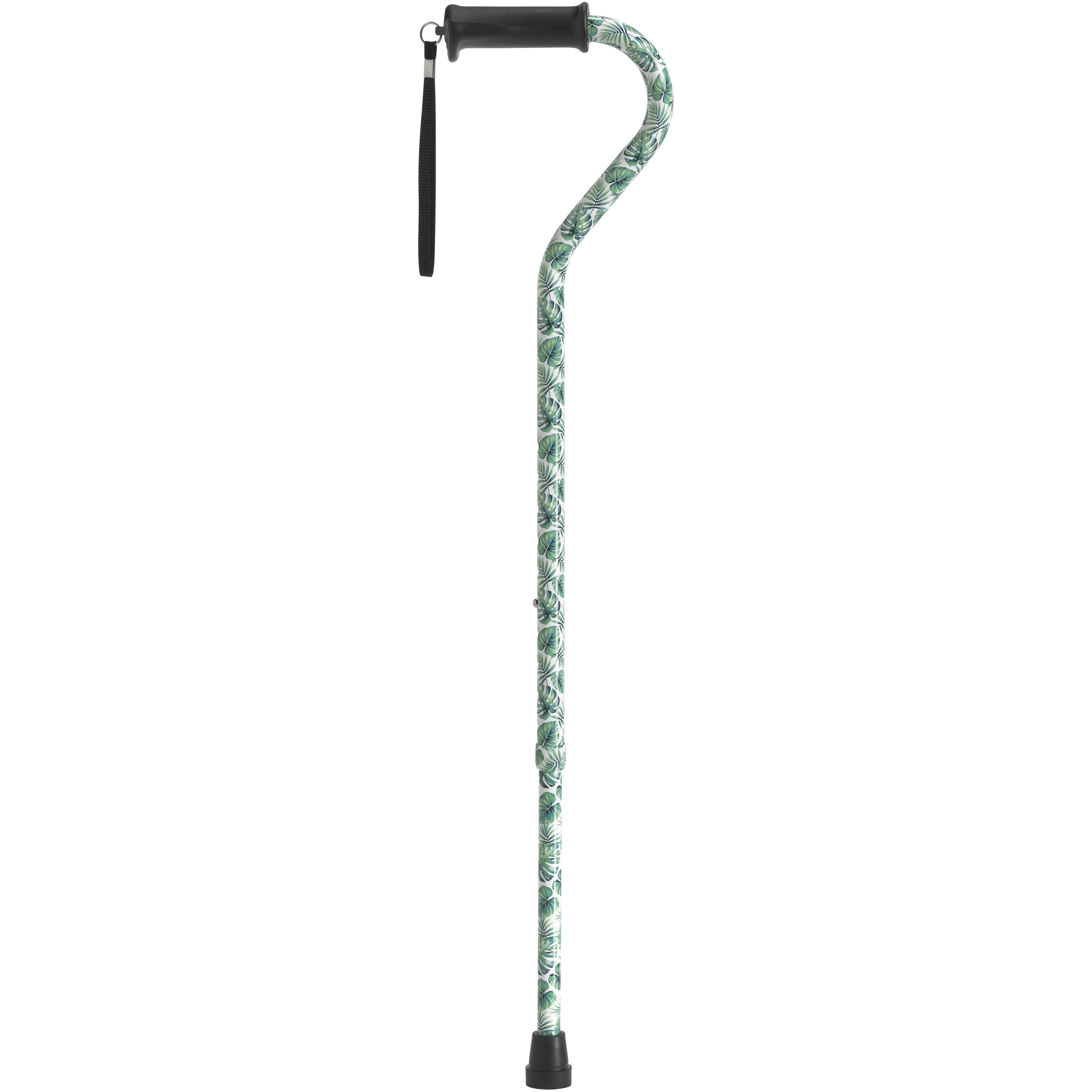Adjustable Height Offset Handle Cane with Gel Hand Grip, Green Leaves