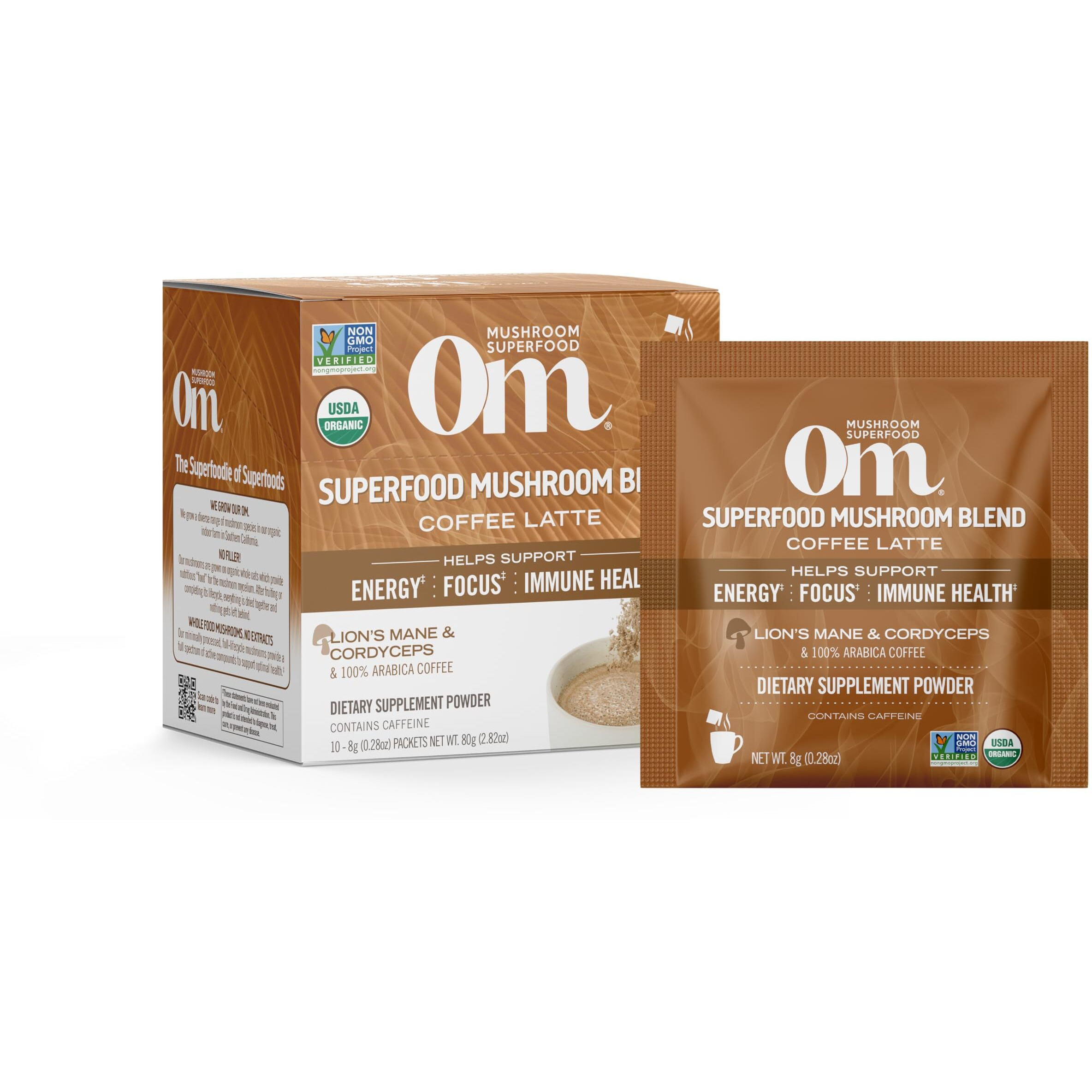 Om Mushroom Superfood Coffee Latte Blend Mushroom Powder, Single Serve, 10 Count, Lion's Mane, Cordyceps, Reishi, Chaga, Energy & Mental Clarity Support Supplement