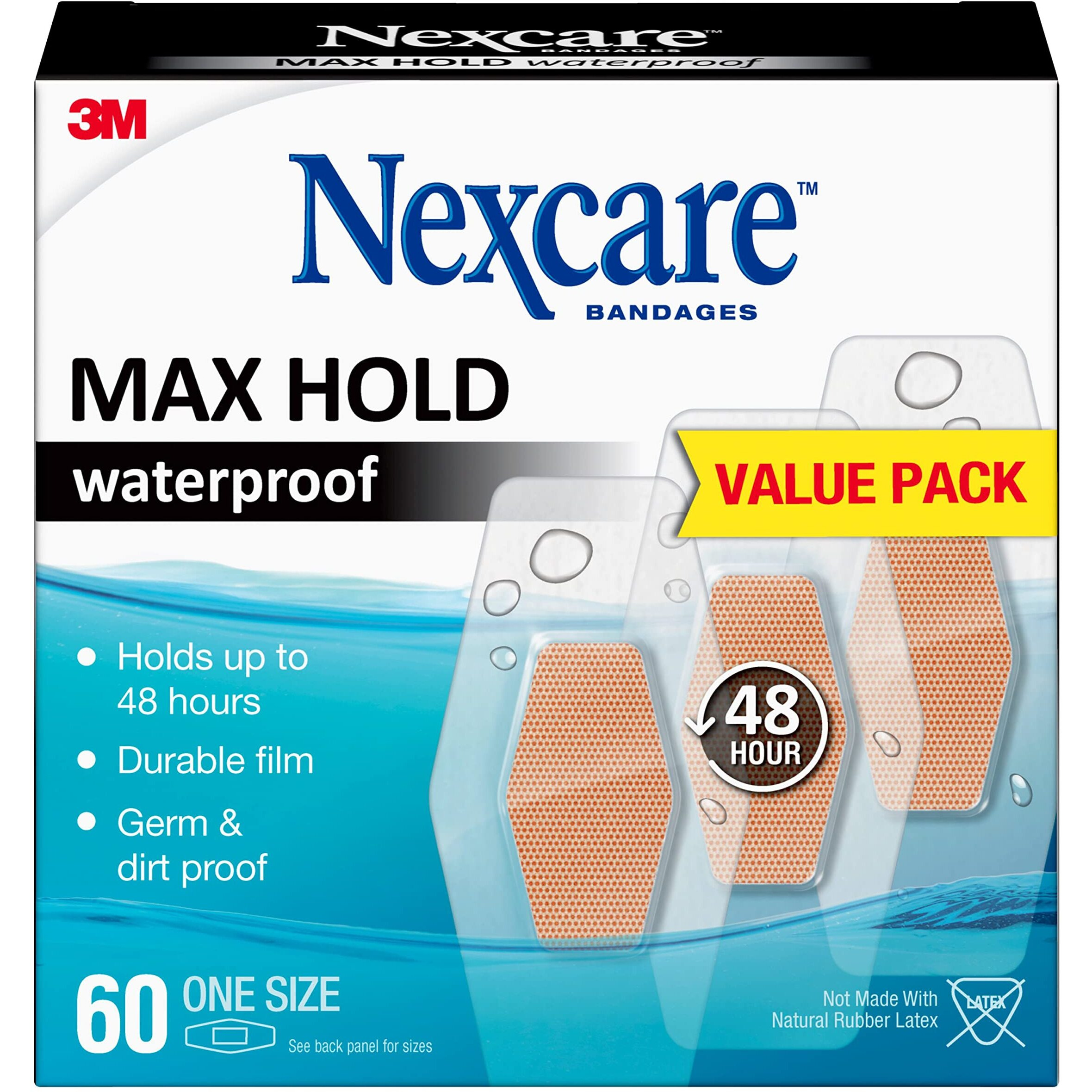 Nexcare Max Hold Waterproof Bandages, Stays On for 48 Hours, Flexible Bandages for Fingers, Knees and Heels - 60 Pack Clear Waterproof Bandages, 60 count (Pack of 1)