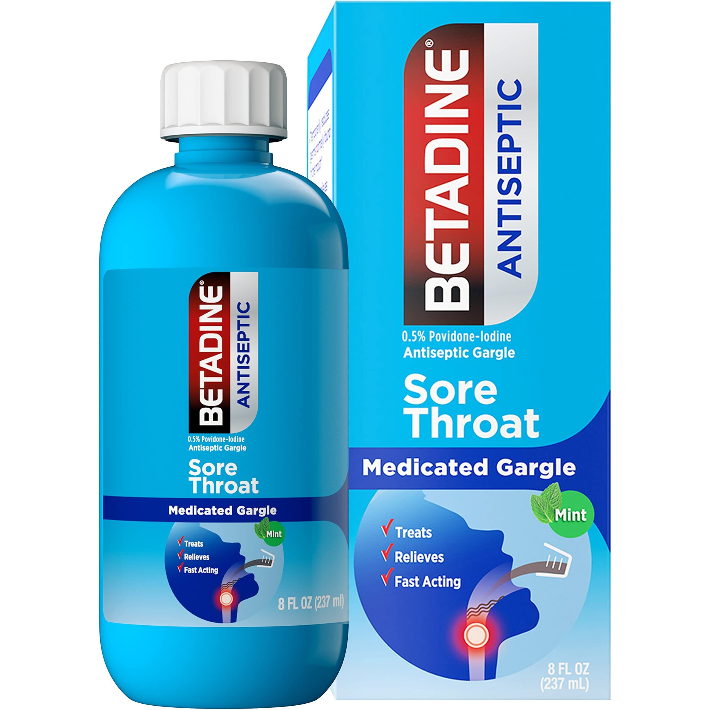 Betadine Antiseptic Medicated Gargle, Povidone-Iodine 0.5%, Treat and Relieve Sore Throat Symptoms, Temporarily Reduces Germs Normally Found in The Mouth, Mint Flavor, 8 FL OZ
