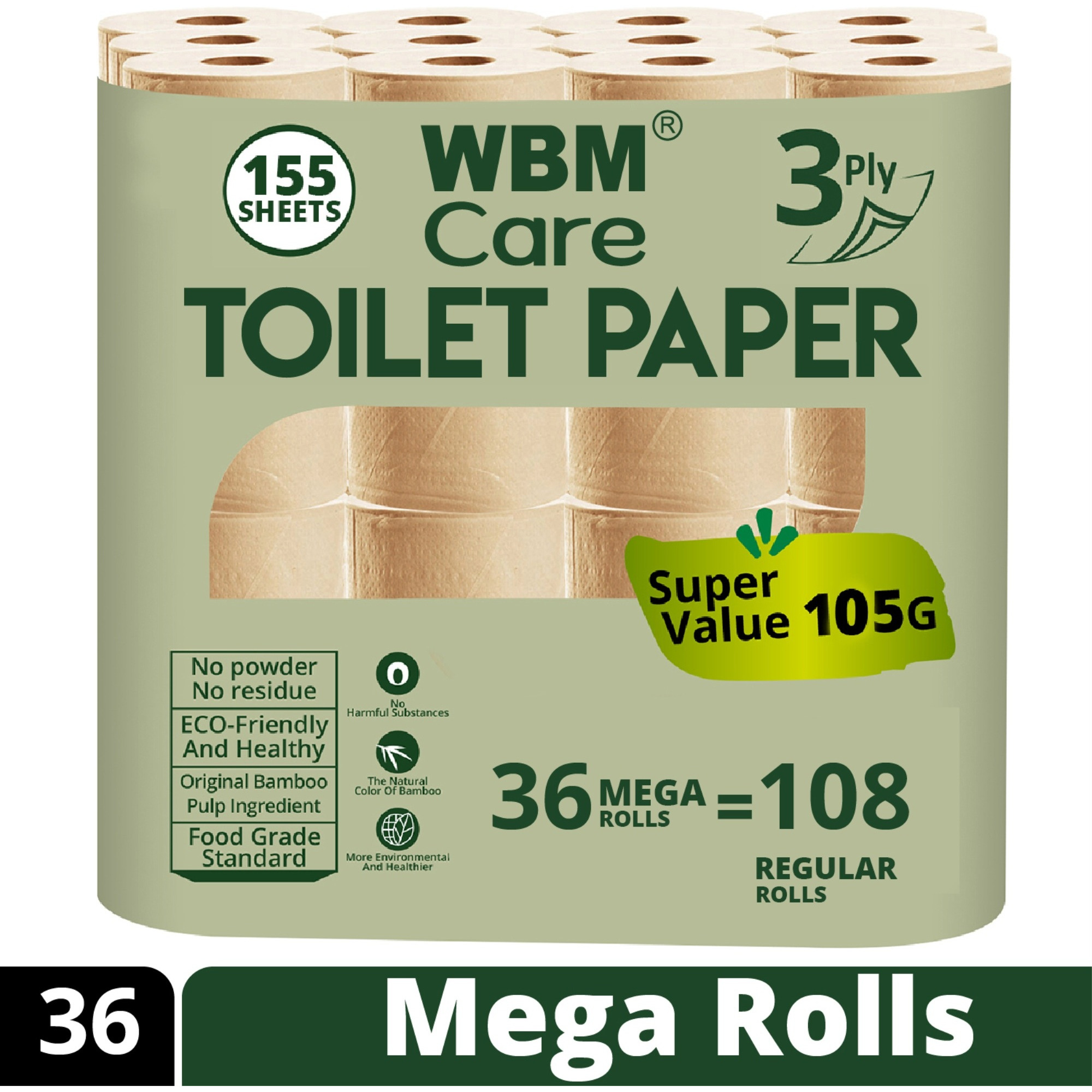 Bamboo Toilet Roll-Pack of 36